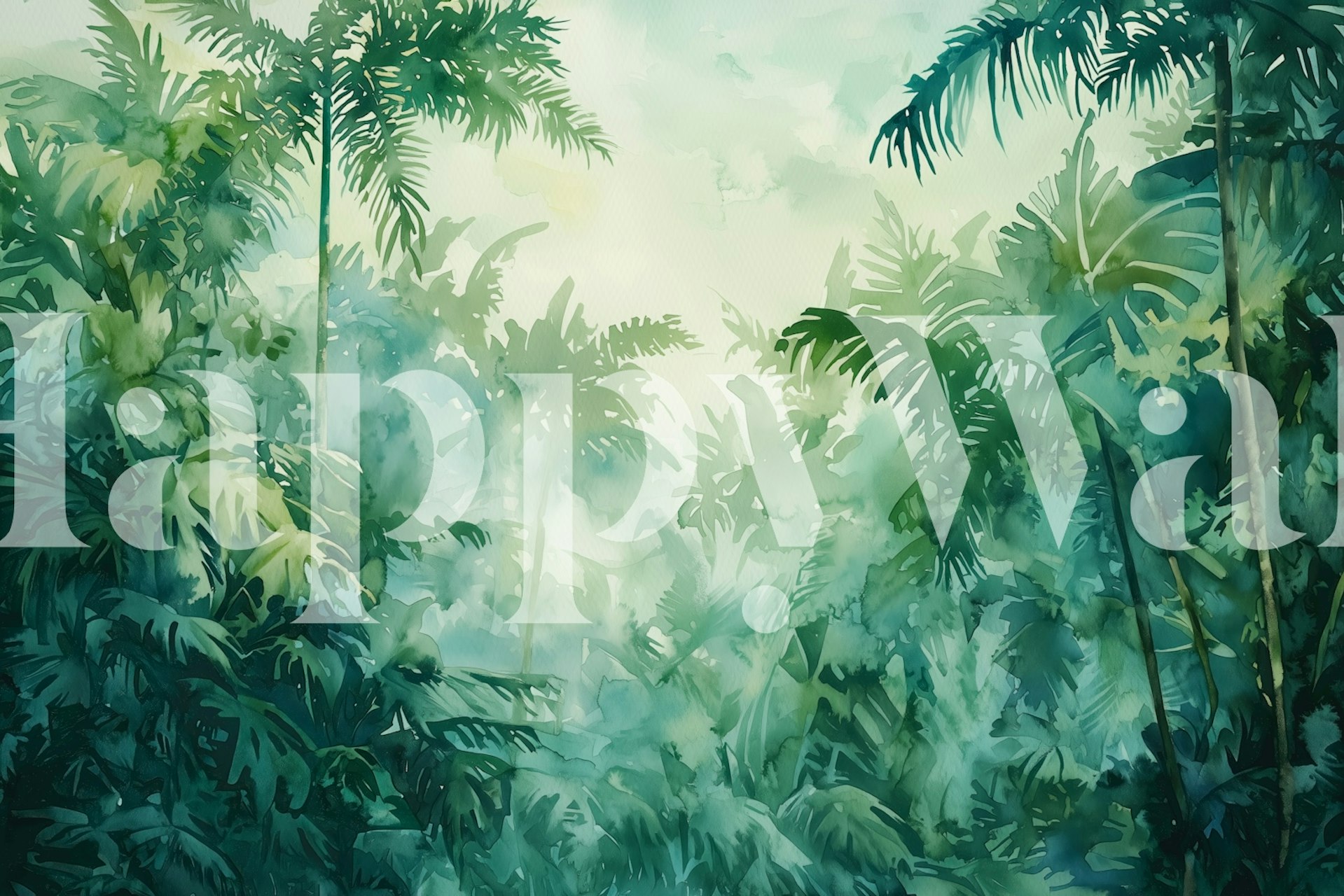 Tropical green foliage in a soft pastel background wallpaper