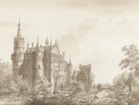 Antique Castle Landscape in Sepia tapet