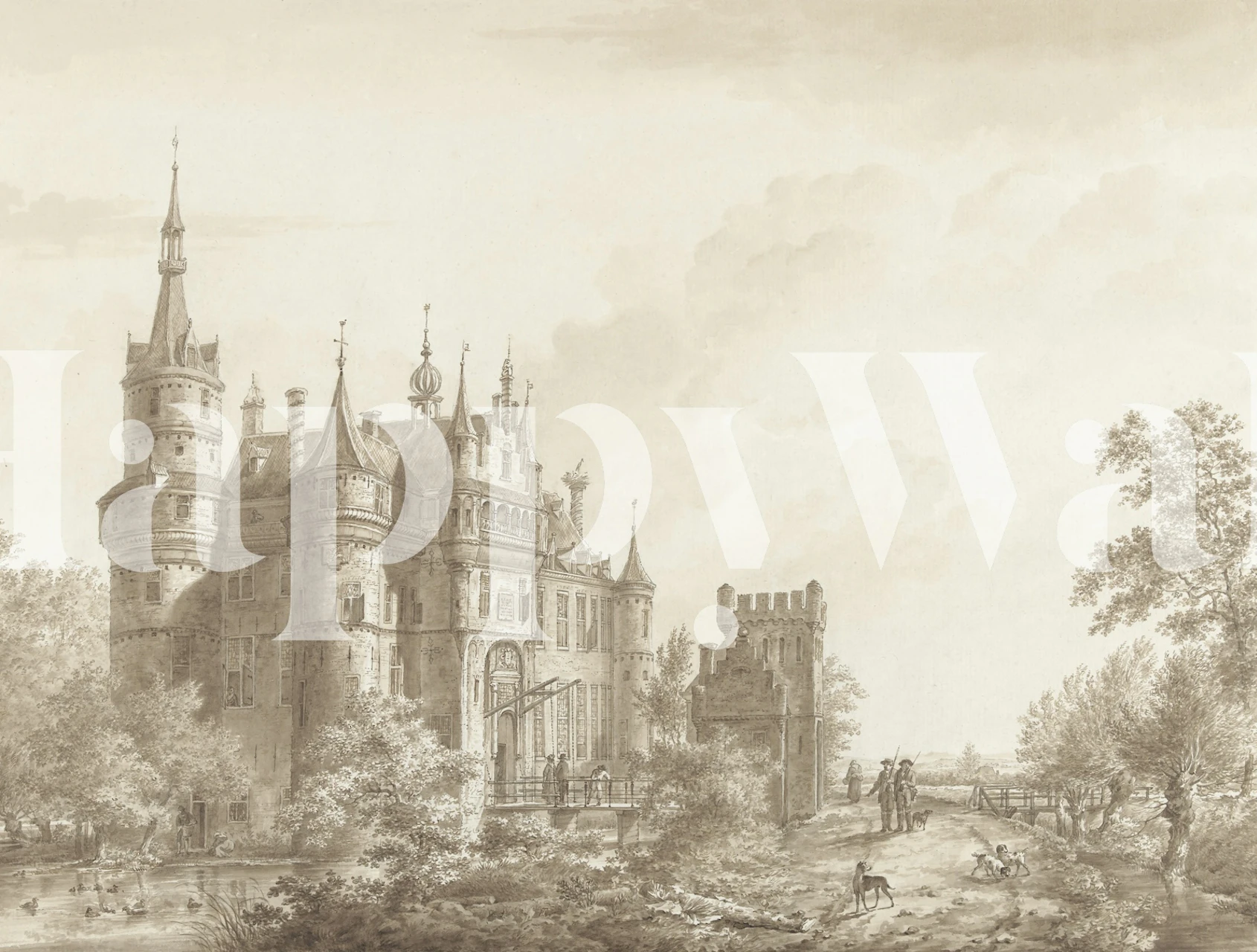 Antique castle landscape in sepia tones with trees and figures wallpaper