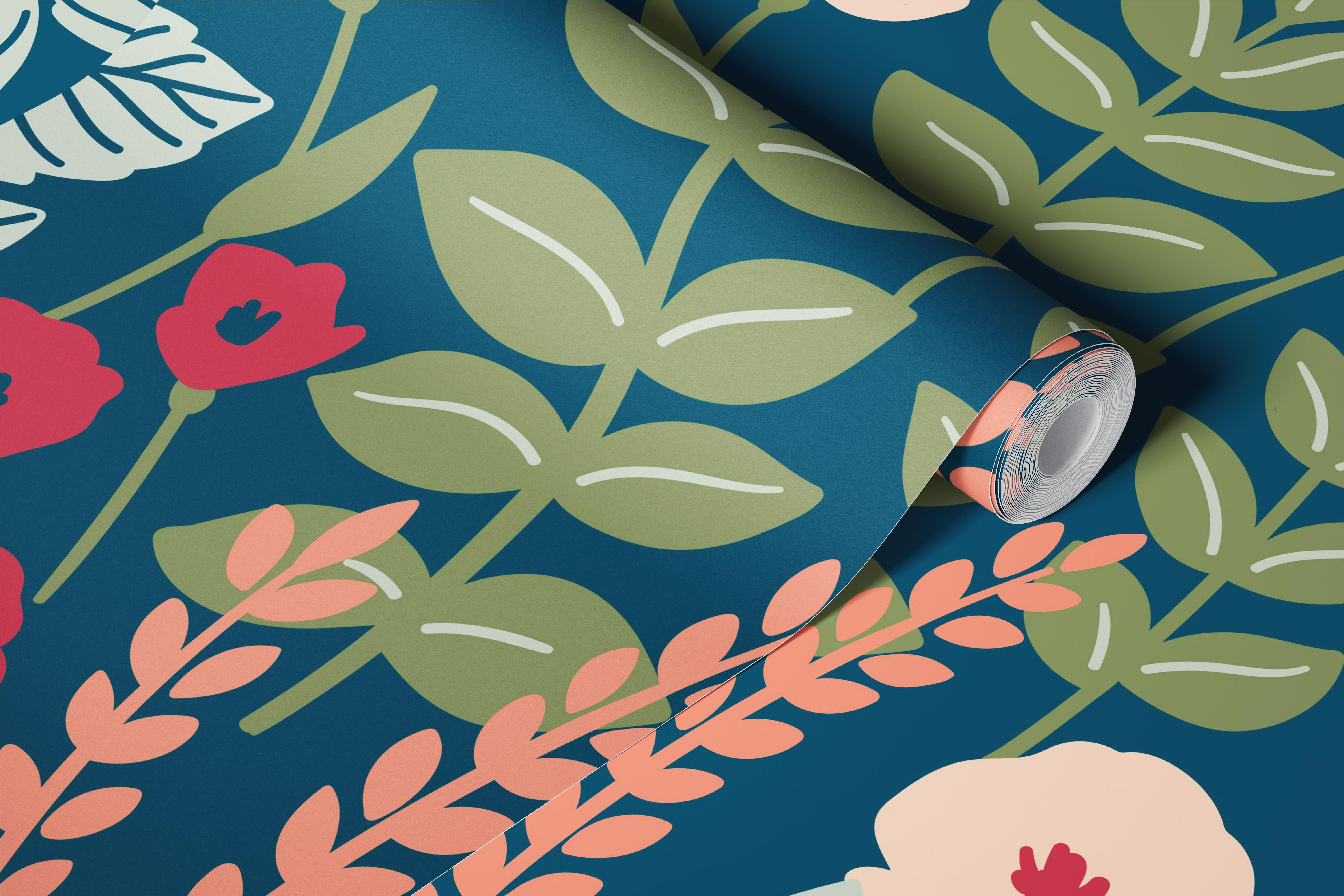 Floral pattern with pink roses and green leaves on navy blue wallpaper