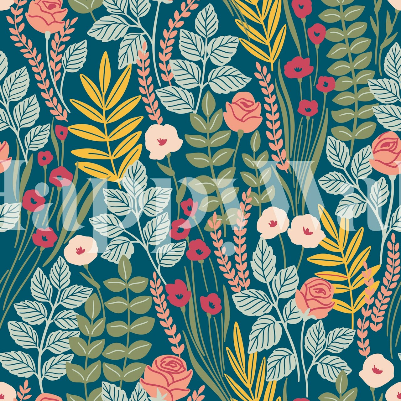 Floral pattern with pink roses and green leaves on navy blue wallpaper