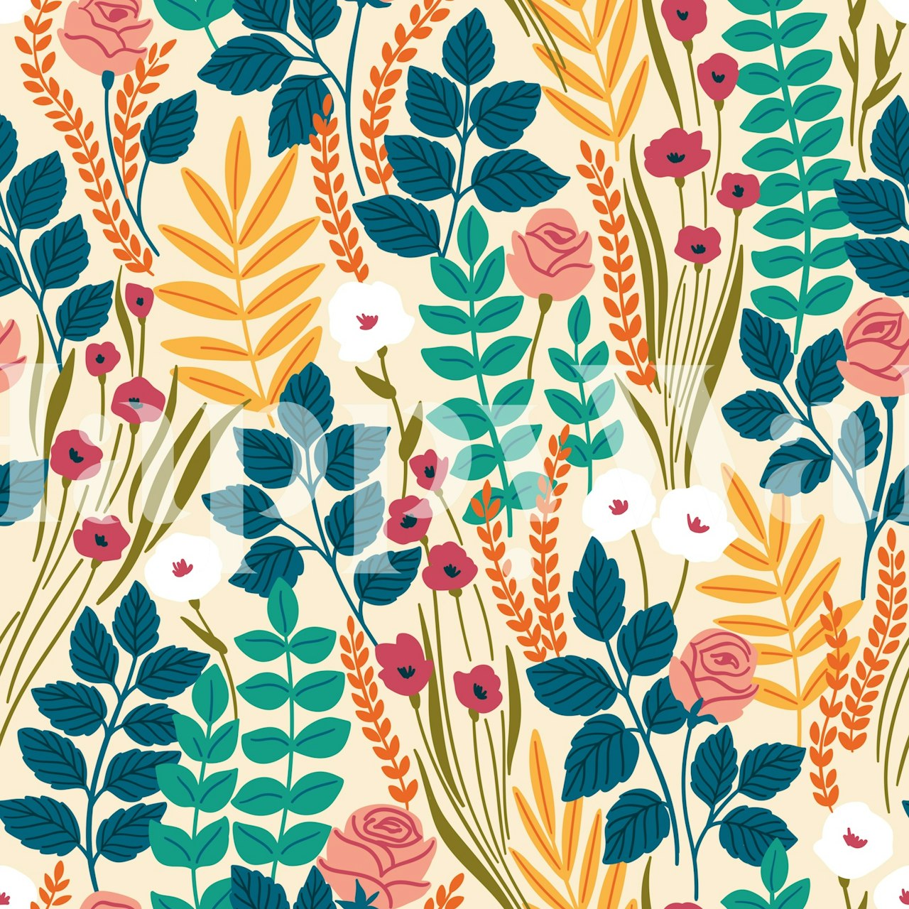 Beige roses wallpaper in a room setting