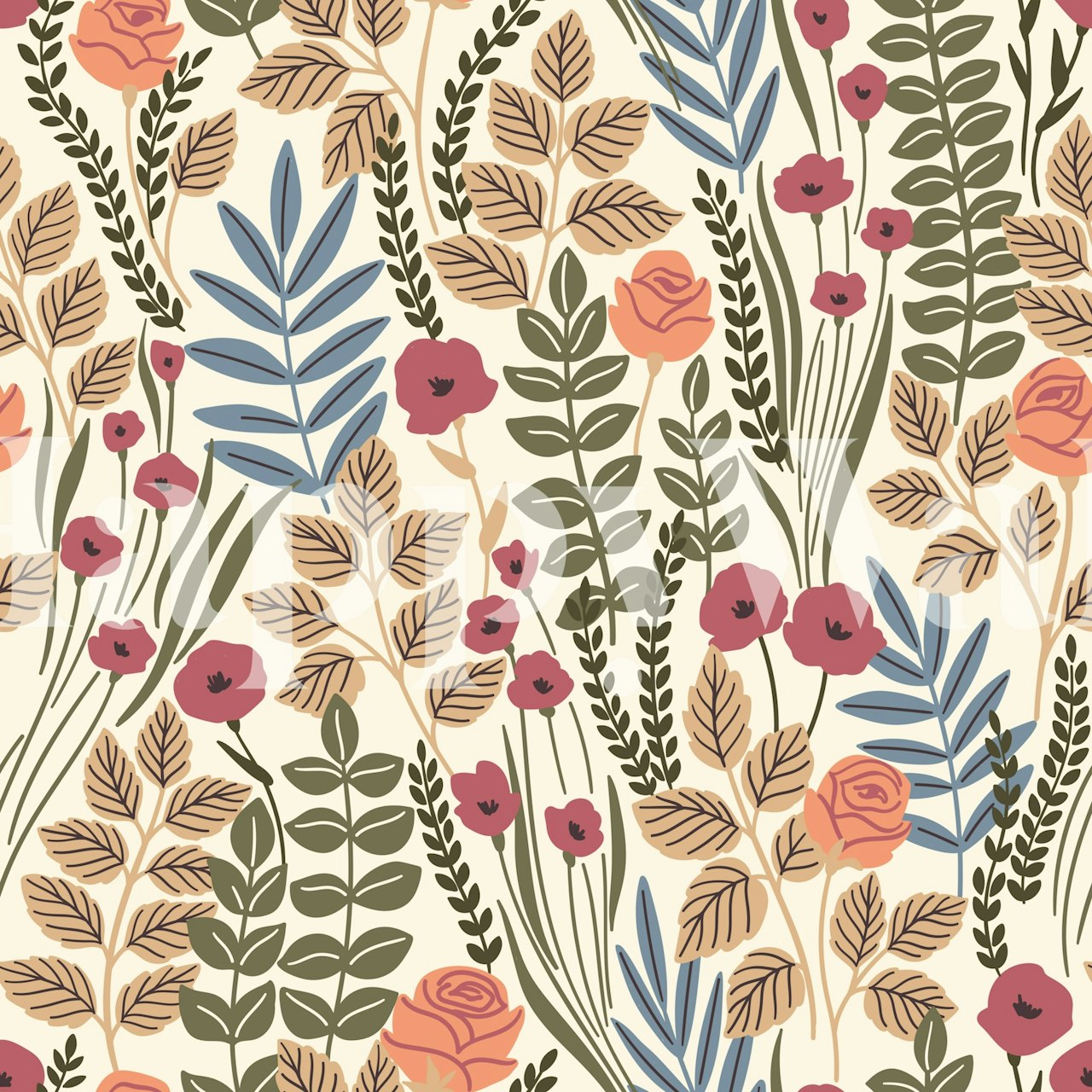 Pastel floral design featuring roses and leaves wallpaper