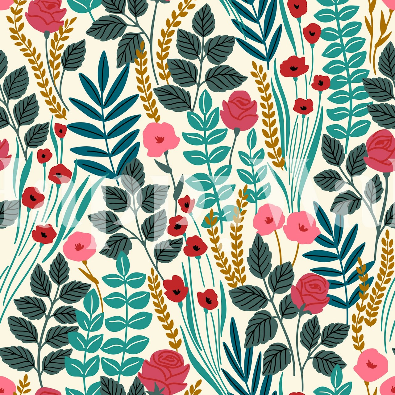 Turquoise floral wallpaper with roses and leaves
