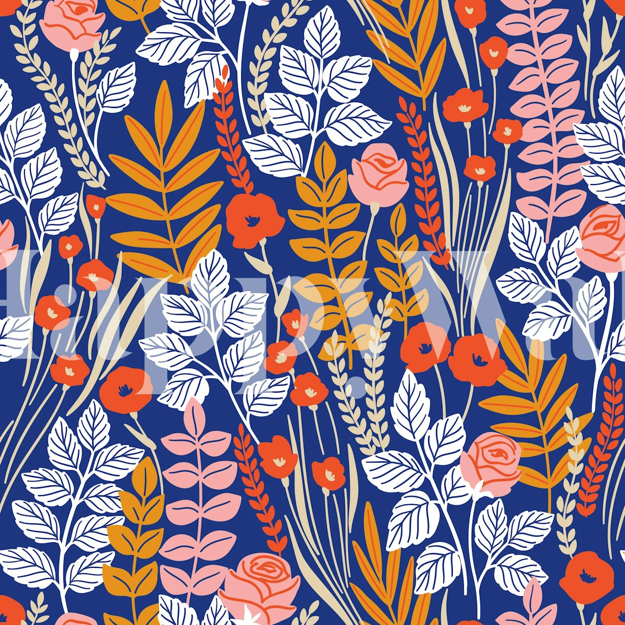 Roses deep blue floral wallpaper in a room