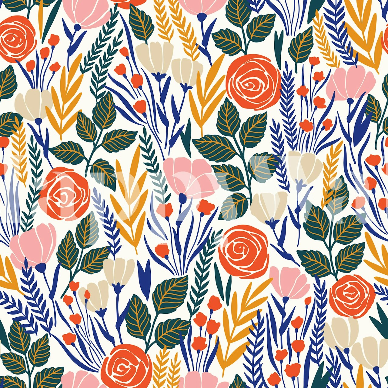 Wildflowers in pink, orange, and navy flowers and leaves wallpaper