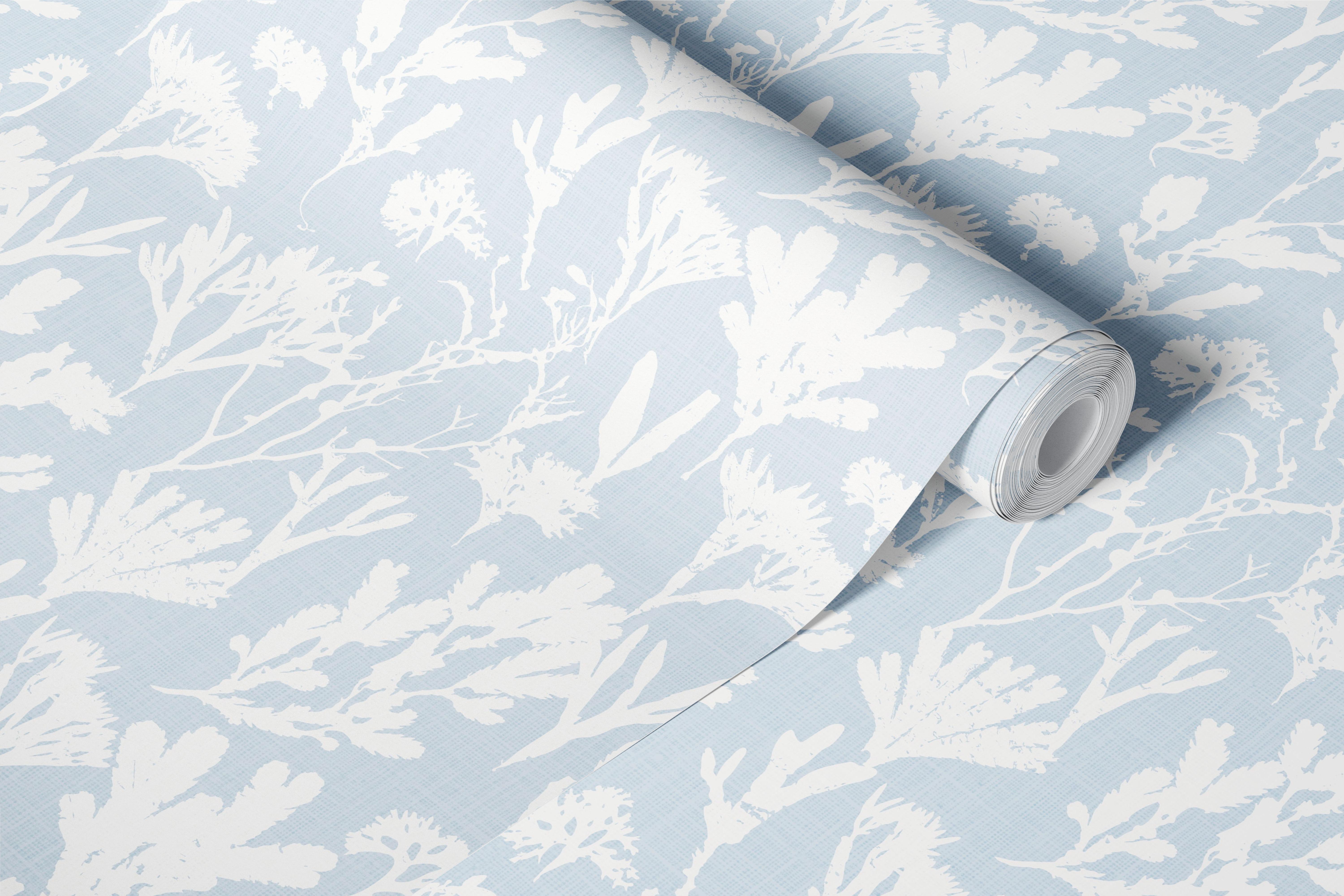 Coastal kelp pattern in light blue and white wallpaper