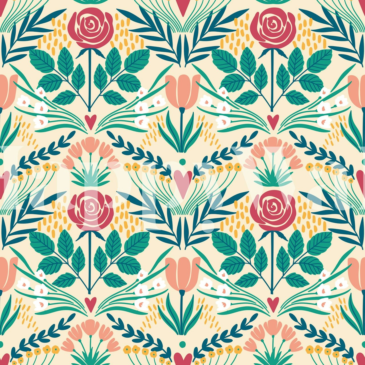 Vintage floral wallpaper with red roses and green leaves, bright colors