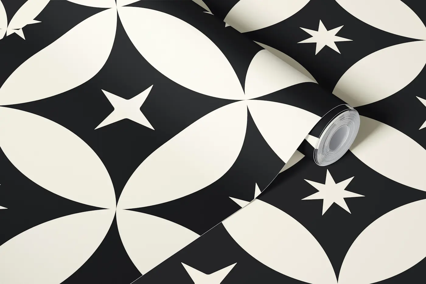 Geometric Circles and Stars Black wallpaper roll