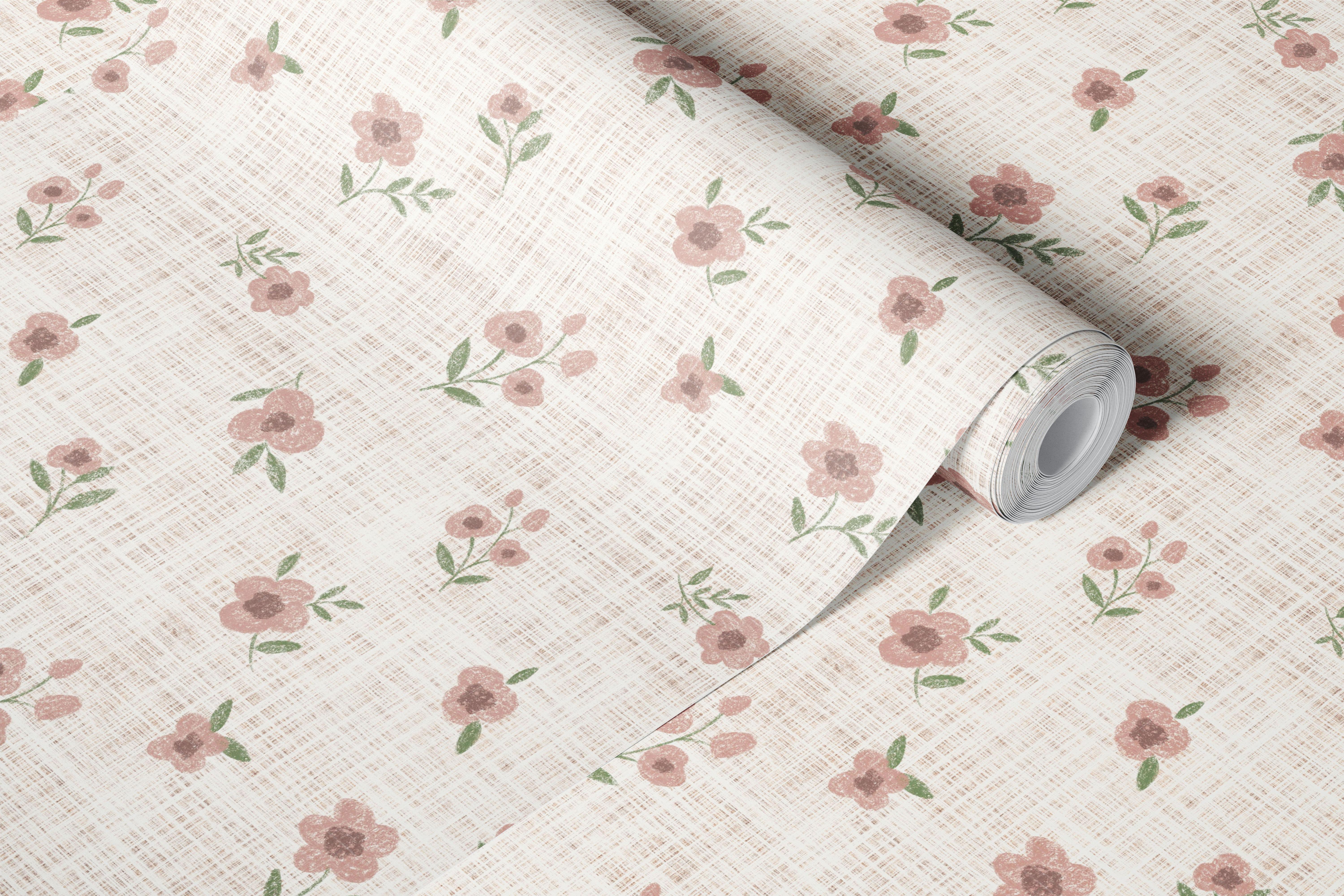 Floral patterns in earth tones on linen textured wallpaper