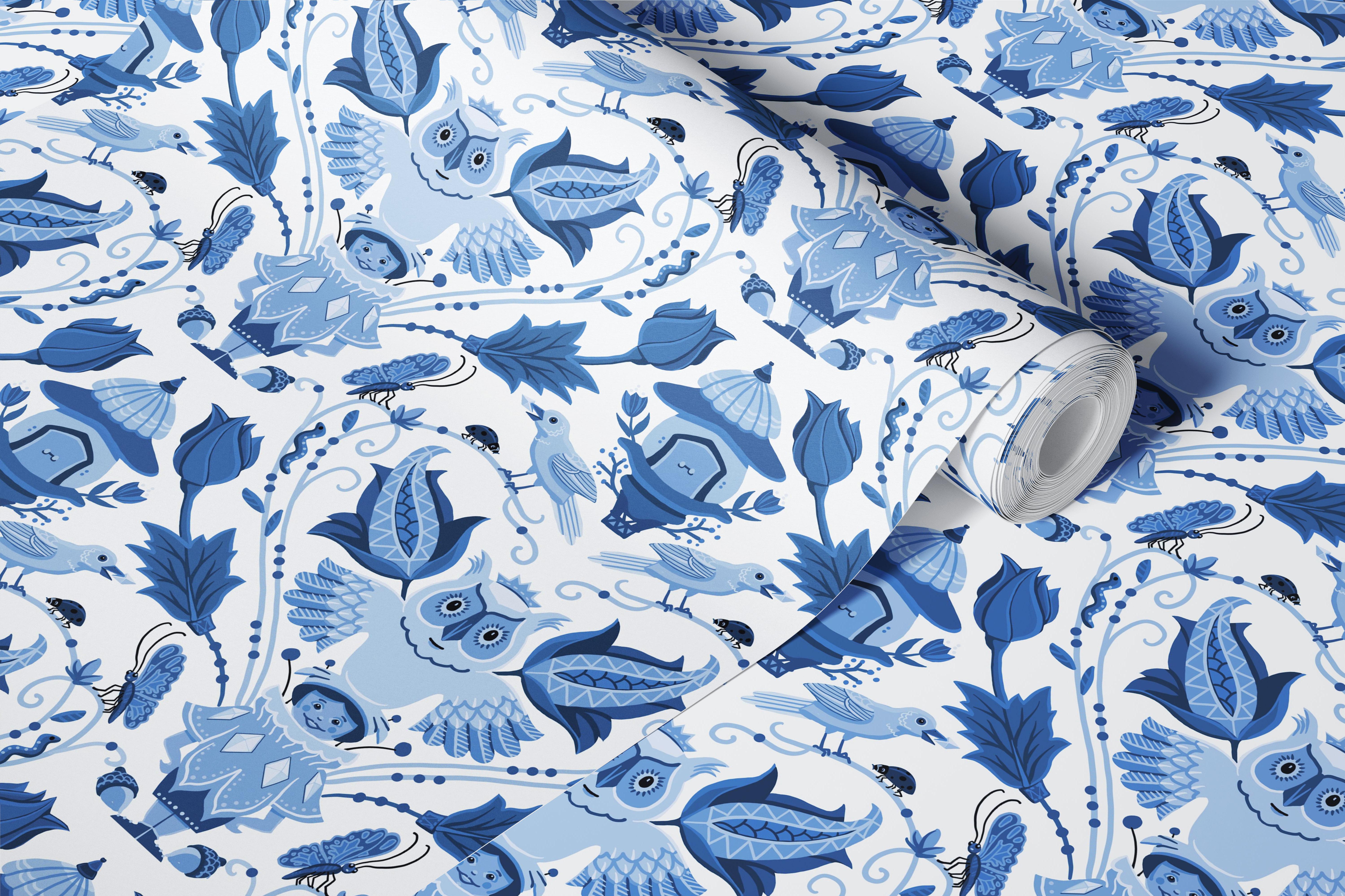 Whimsical forest themed wallpaper in a room