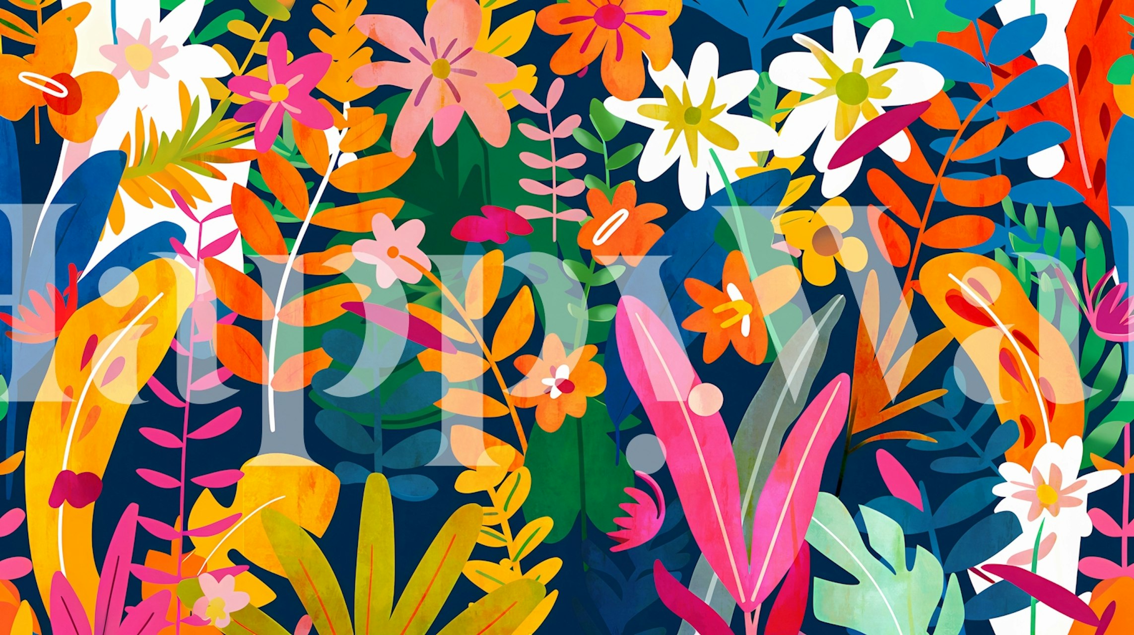 Colorful floral design with vibrant pink, orange, and green leaves wallpaper