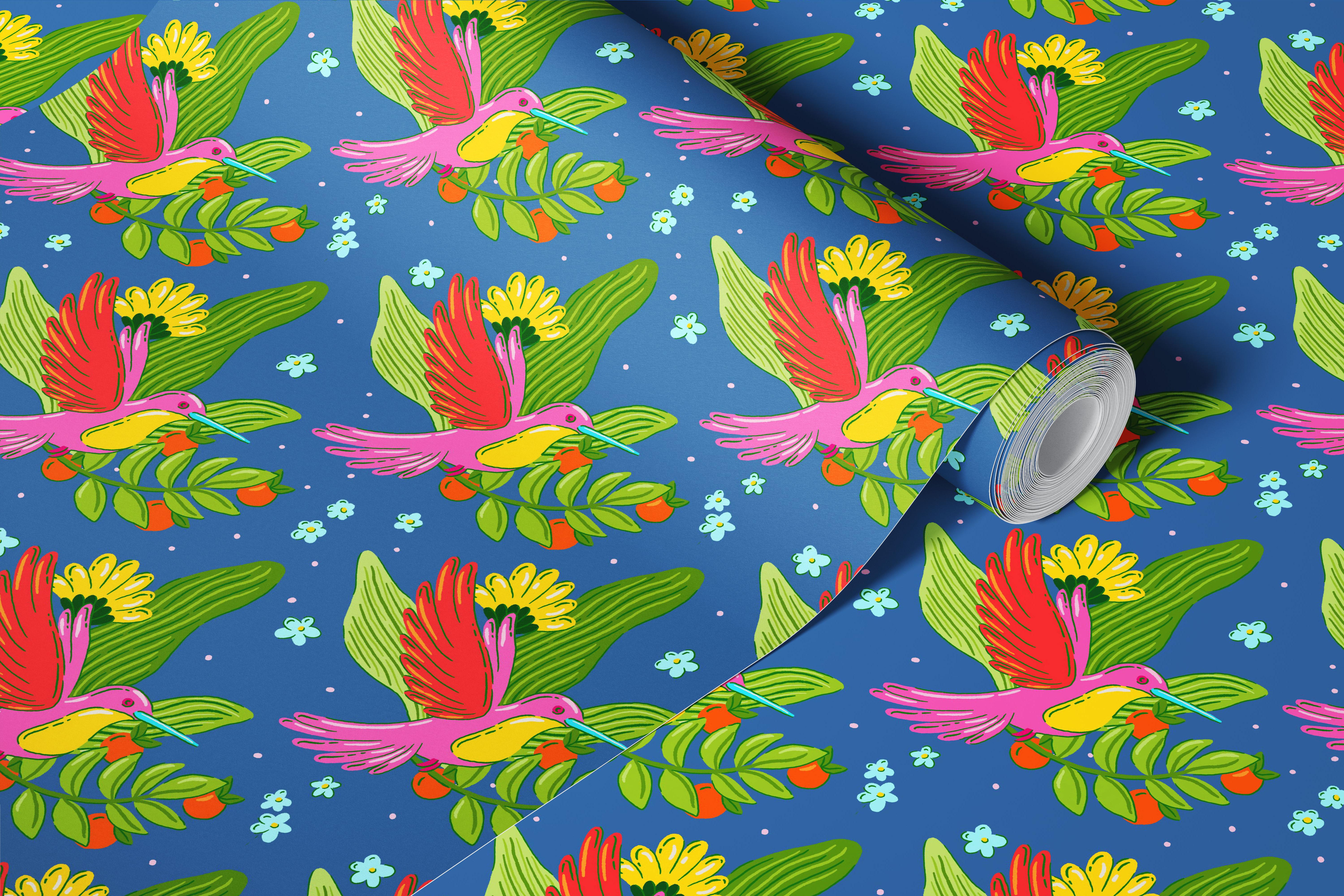 Tropical hummingbirds in pink, green, and blue foliage wallpaper