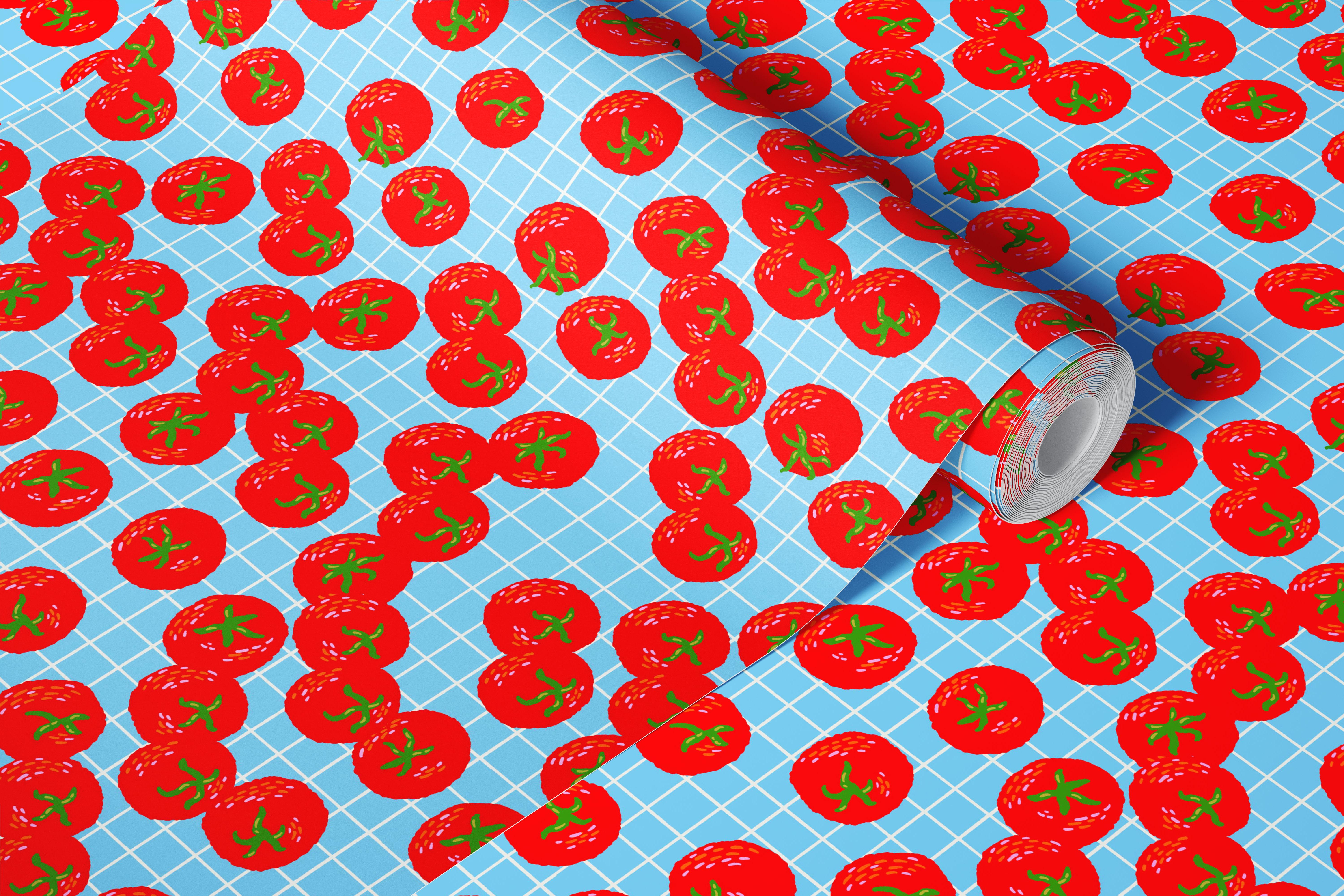 Red tomatoes on a blue checkered background wallpaper