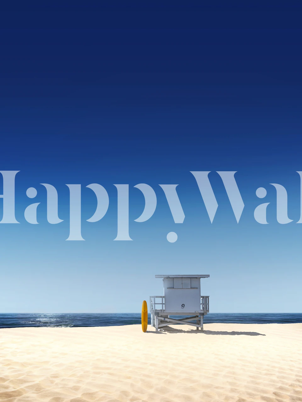 Torre de salva-vidas em uma praia arenosa com céu azul e fotomural vinílico de parede oceânico