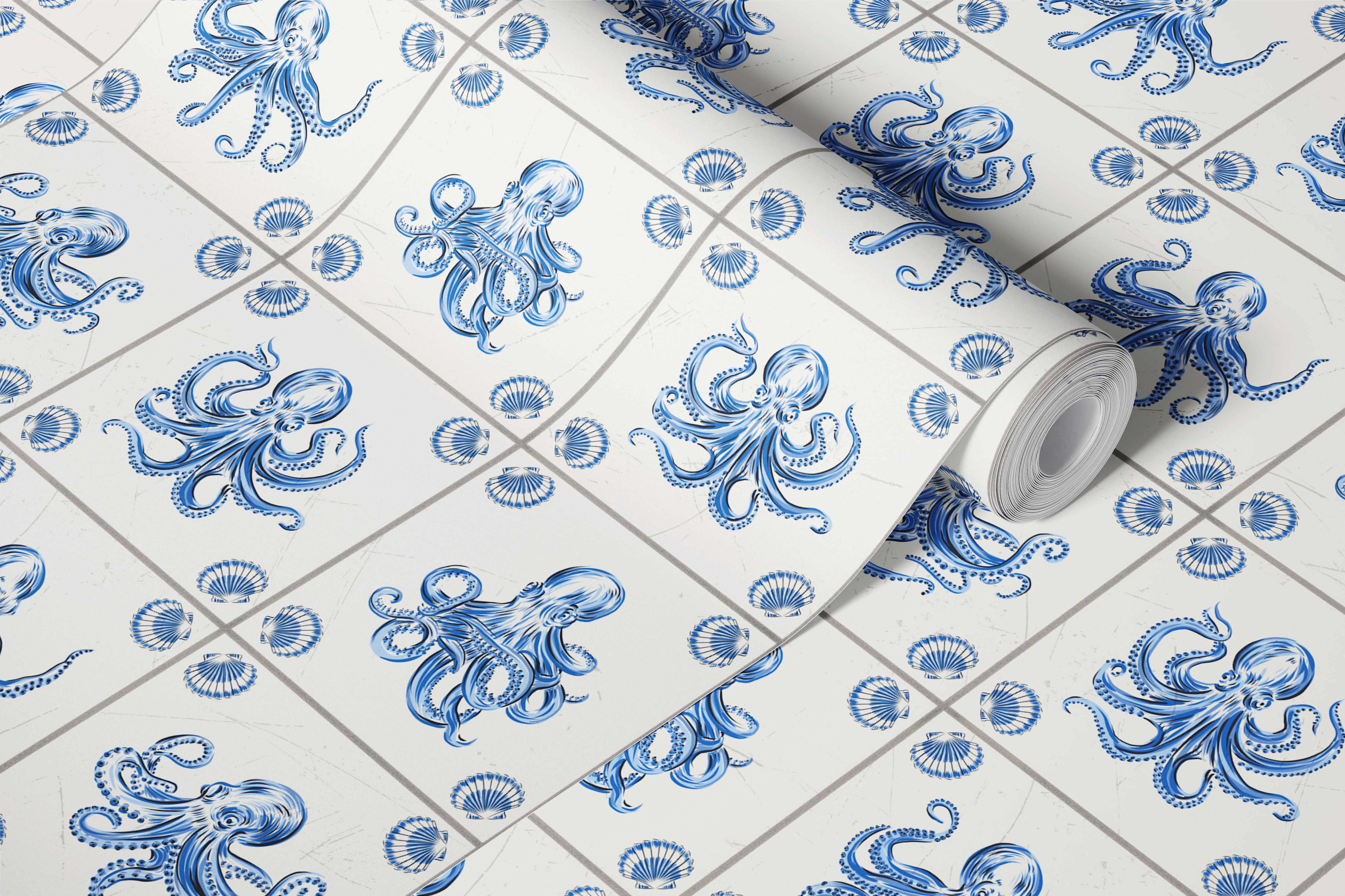 Vintage octopus tile pattern in blue and white wallpaper