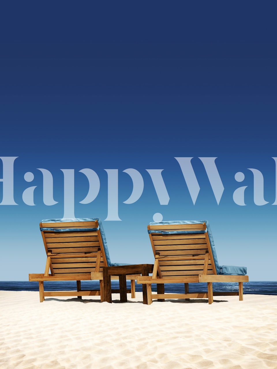 Wooden lounge chairs on sandy beach against blue sky wallpaper