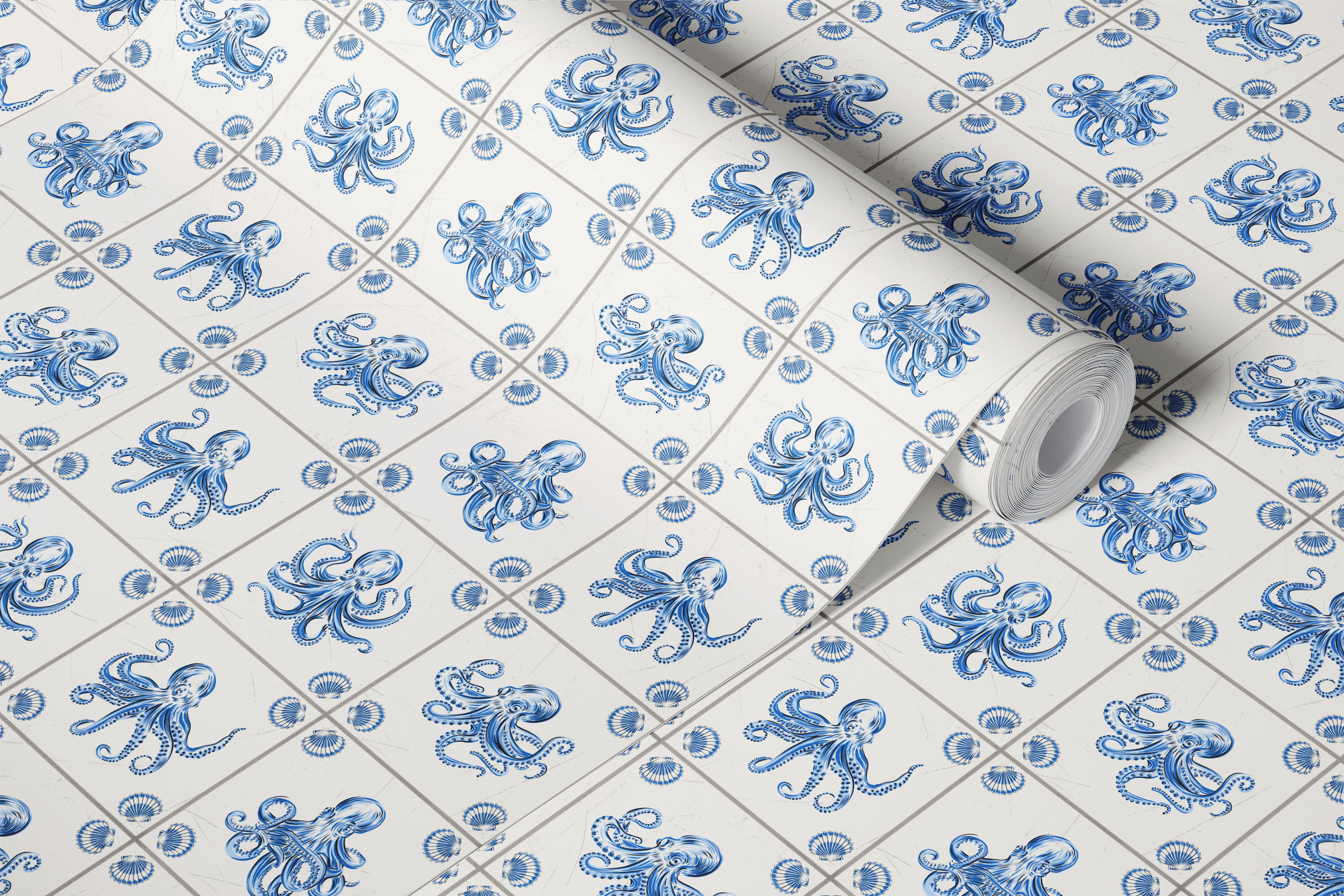Vintage Octopus Tiles wallpaper dans une pièce