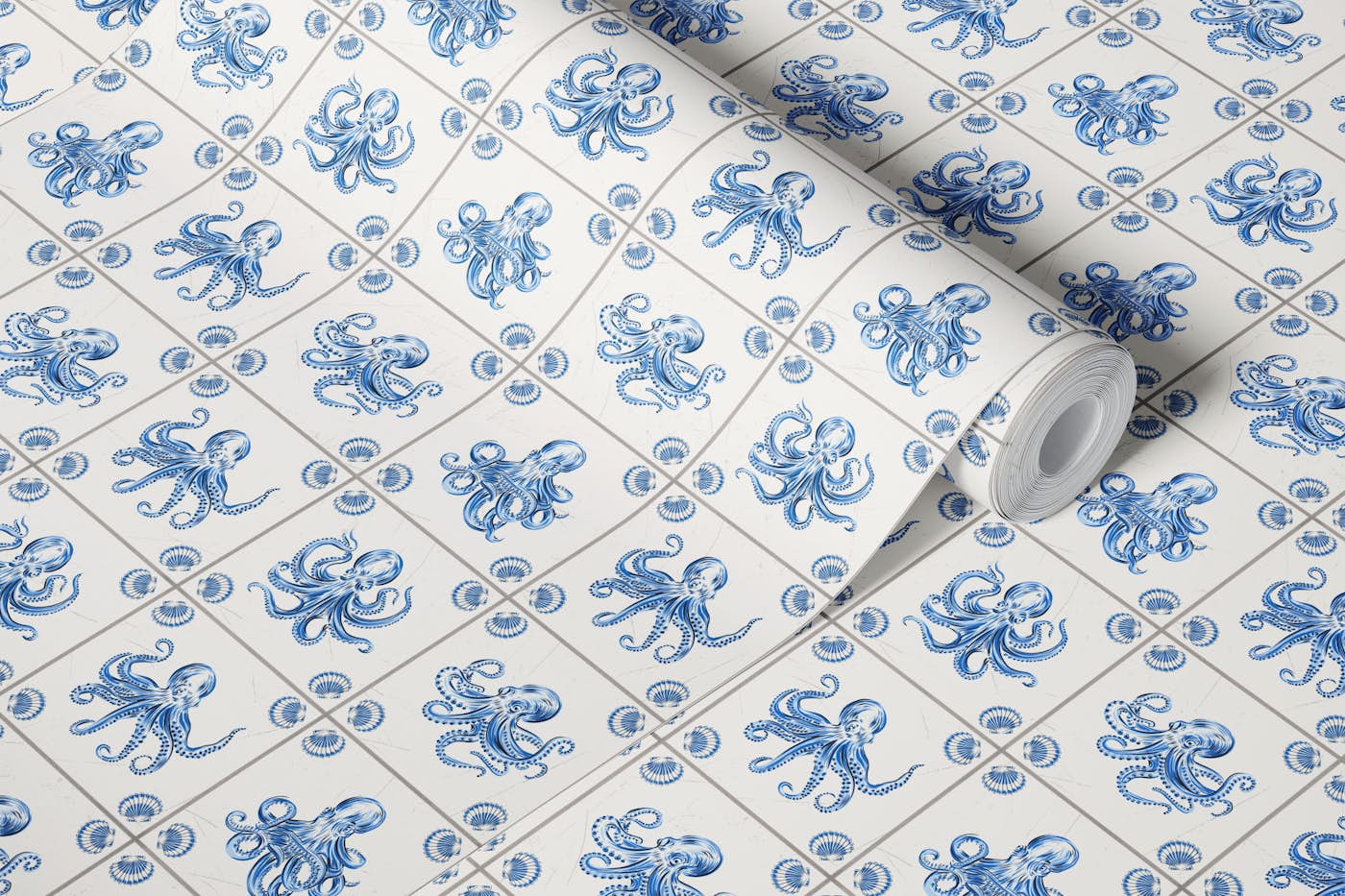Vintage Octopus Tiles Delft Style Medium wallpaper roll