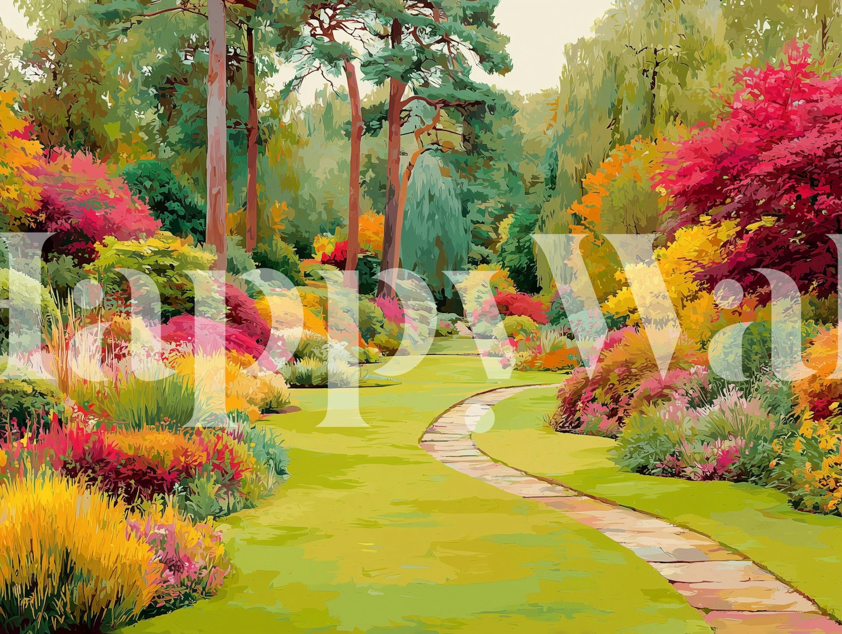 Colorful garden pathway with vibrant flowers and greenery wallpaper