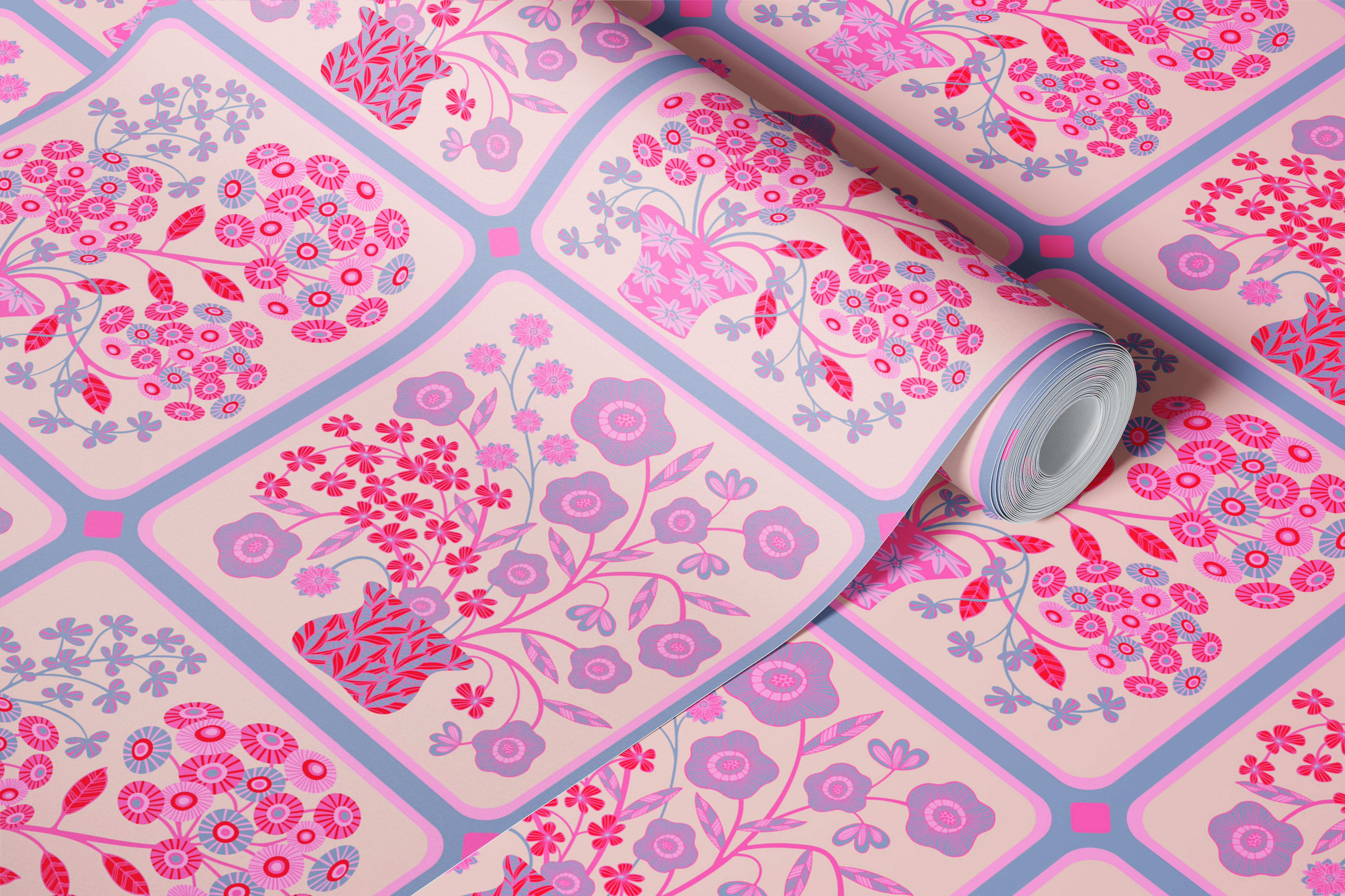 Floral design with pink and lavender flowers in vases wallpaper