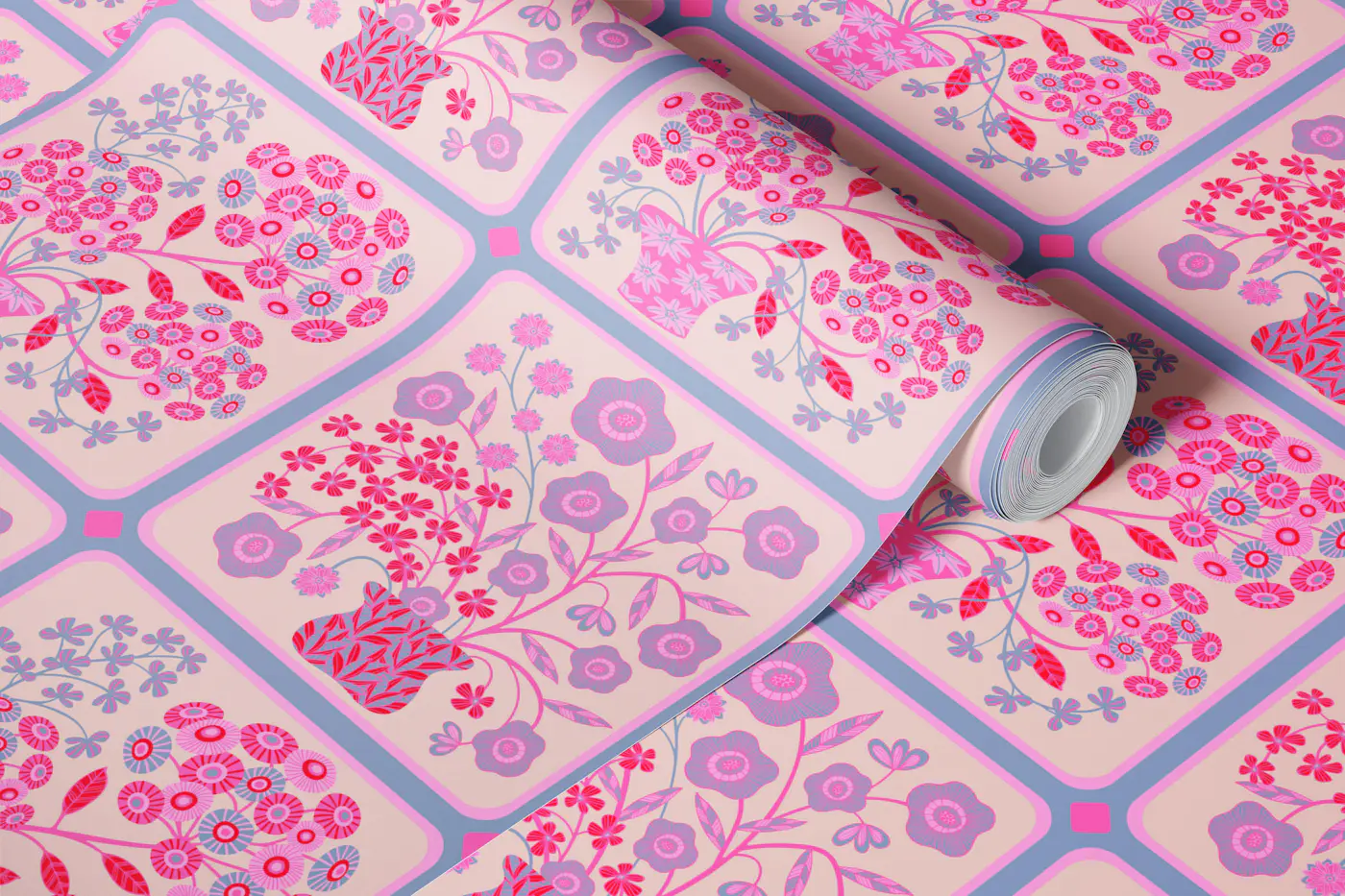 Flower Bouquet Tiles Floral Pink Lavender wallpaper roll