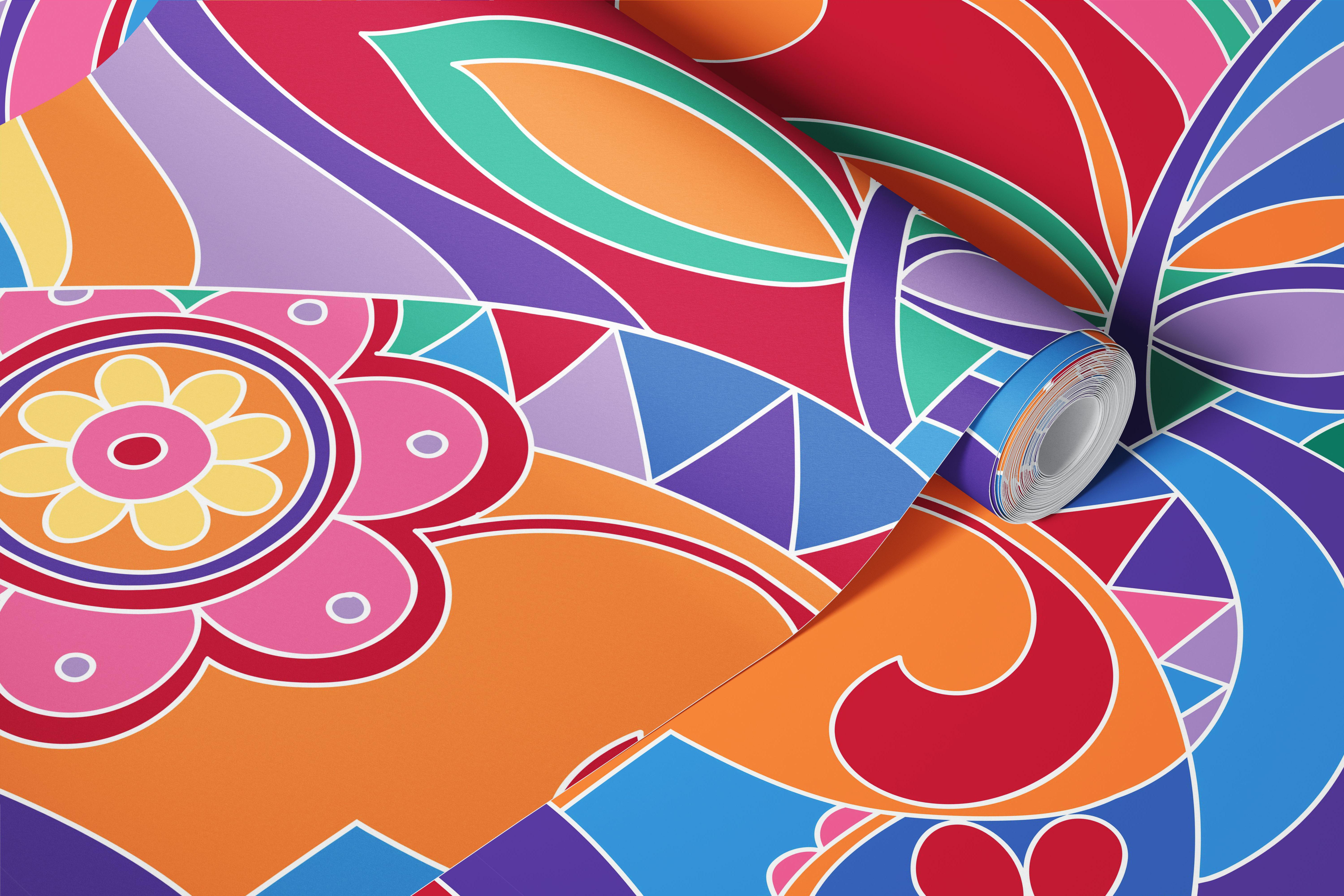 Funky Floral Vortex Bright papel de parede em um quarto