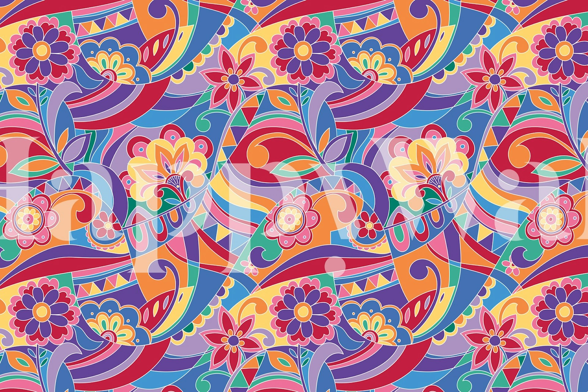 Vibrant floral patterns with colorful swirls in pink, yellow, and blue wallpaper