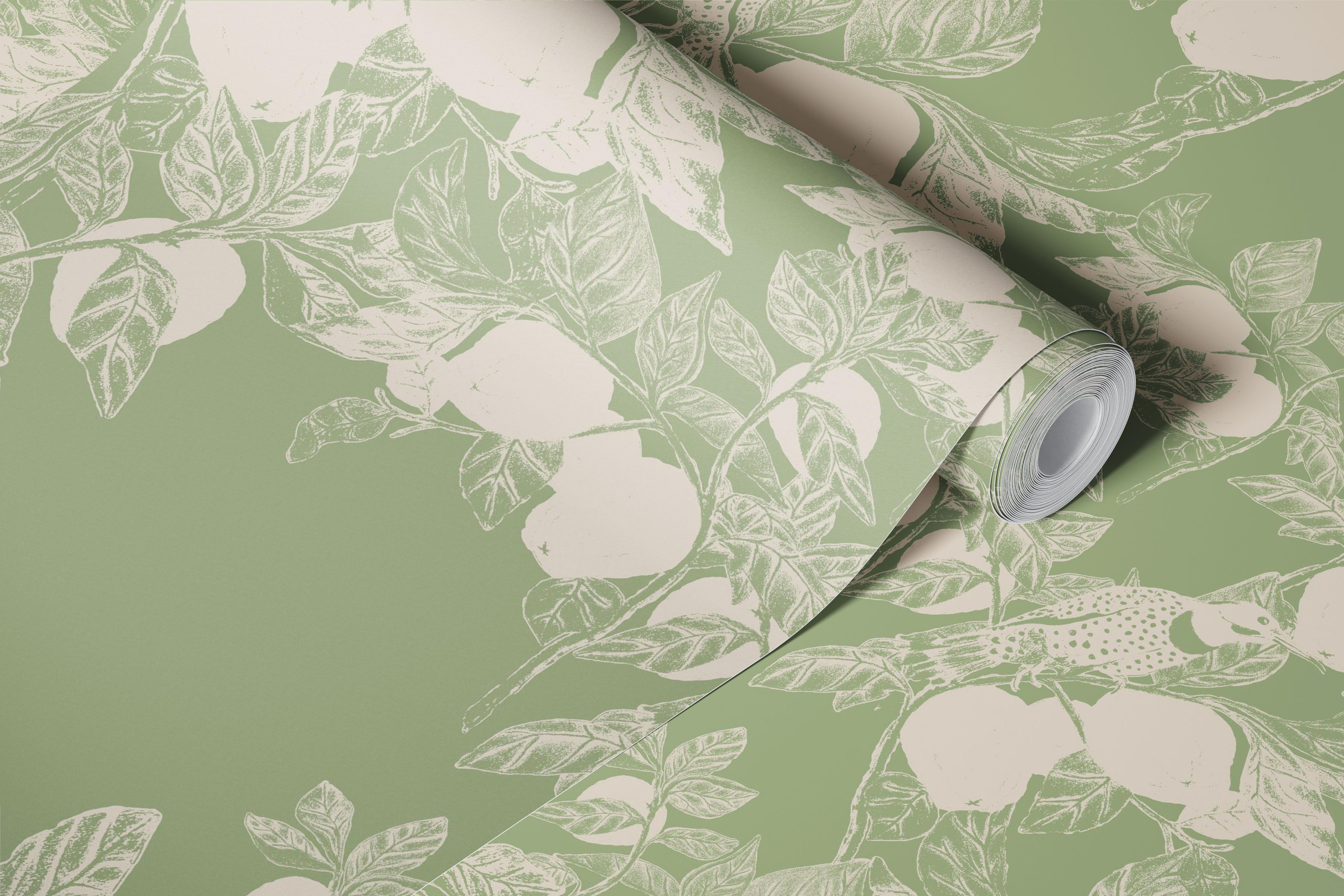 Green floral wallpaper with quinces and woodpeckers
