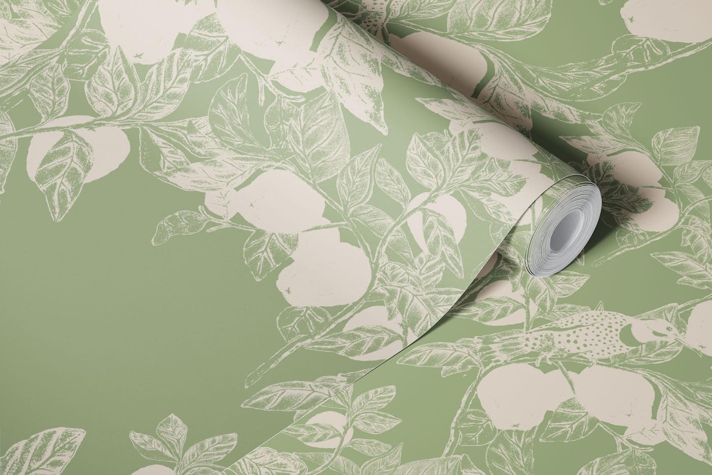 Quinces and Woodpeckers Pastel Green wallpaper roll