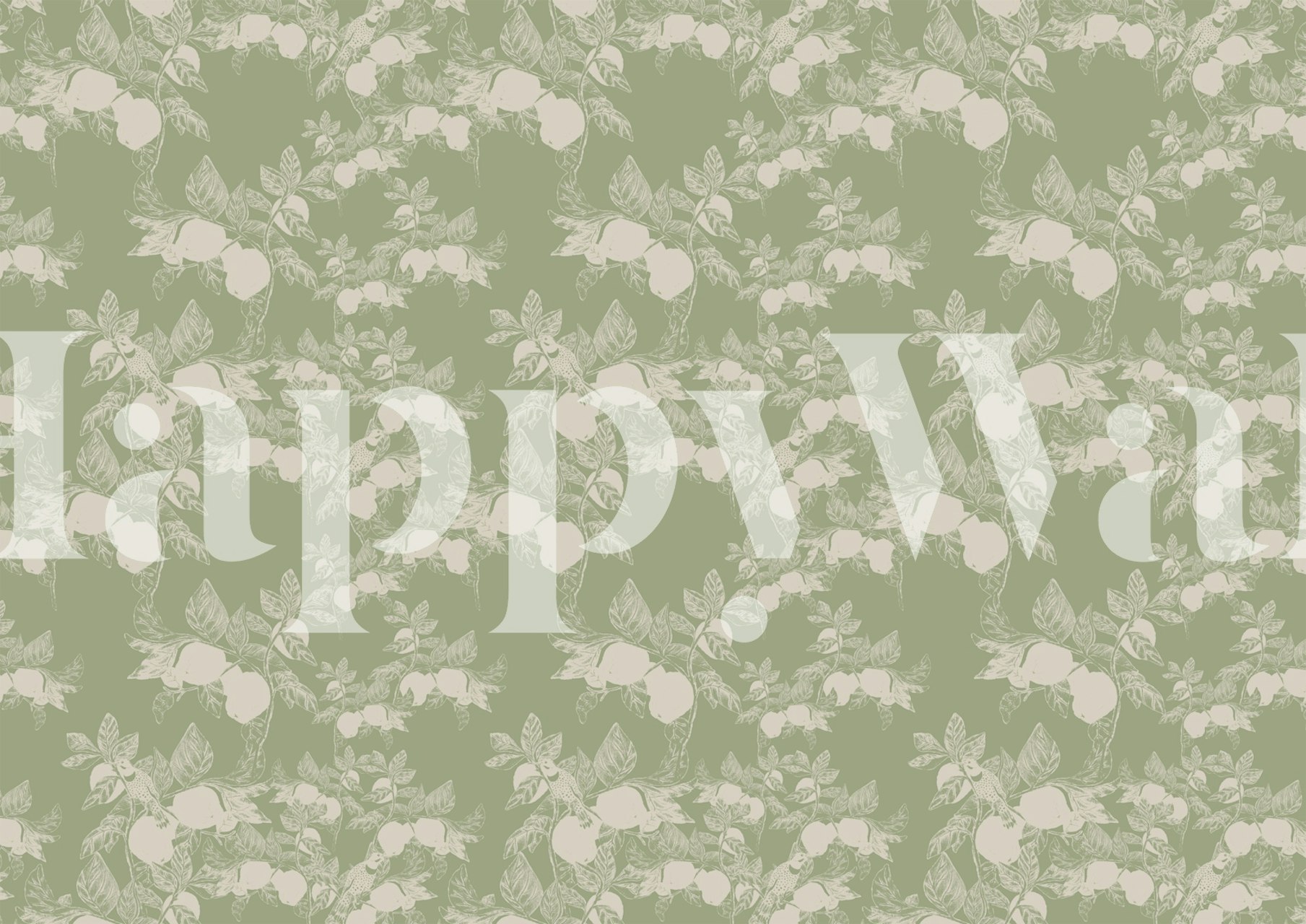 Green floral wallpaper with quinces and woodpeckers