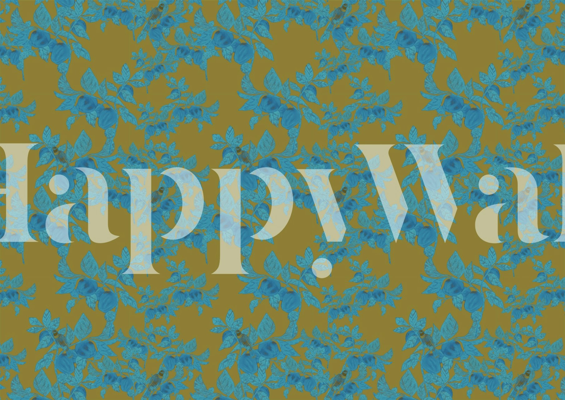 Blue floral motifs on mustard background wallpaper