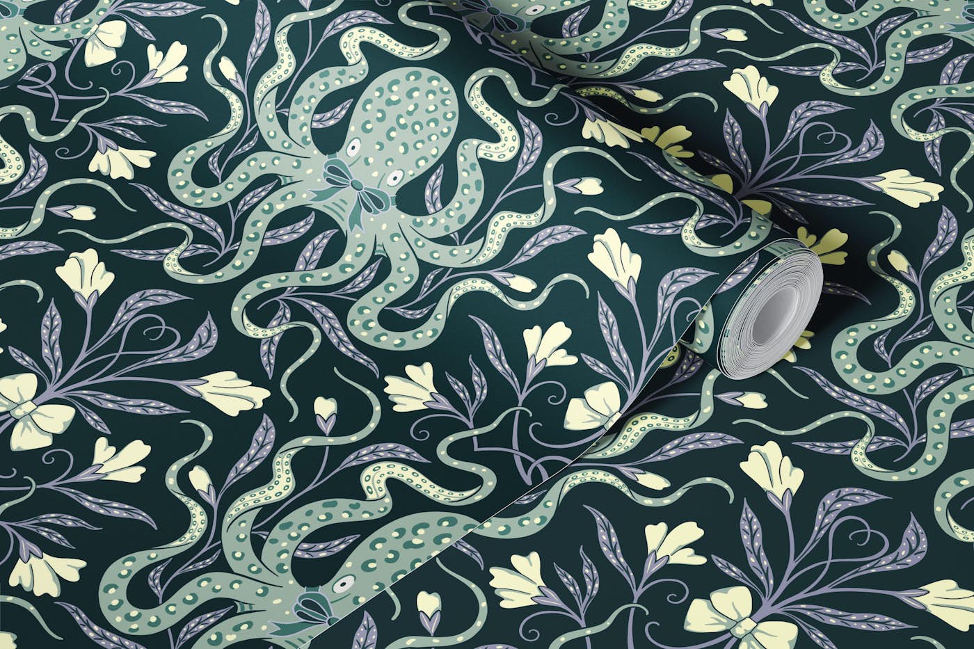 Dark preppy Octopus green grey yellow wallpaper roll