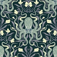 Dark preppy Octopus green grey yellow tapeta