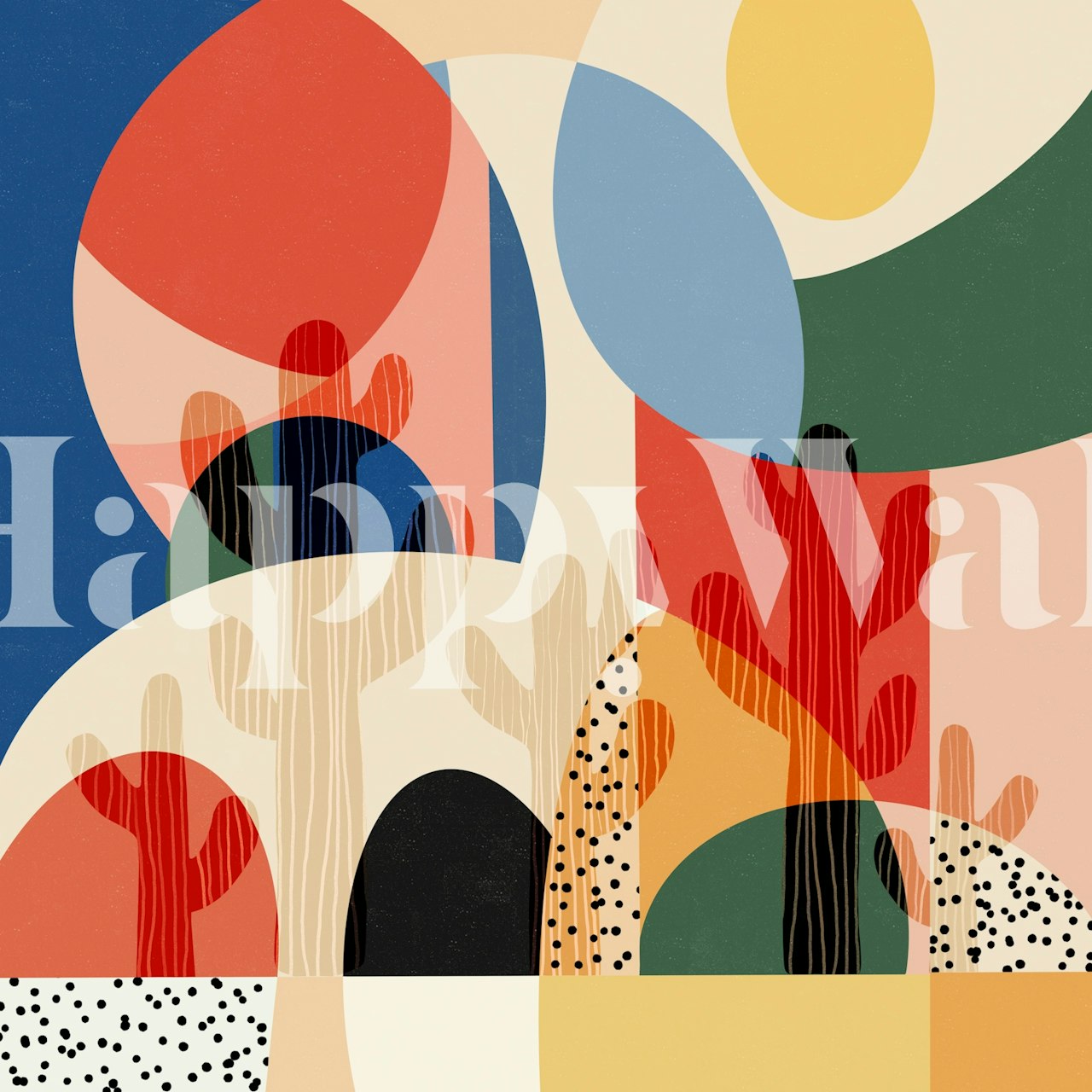 Colorful geometric cactus pattern in red, blue, and yellow wallpaper