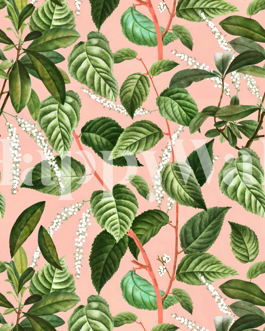 Tapet med gröna löv och rosa bakgrund