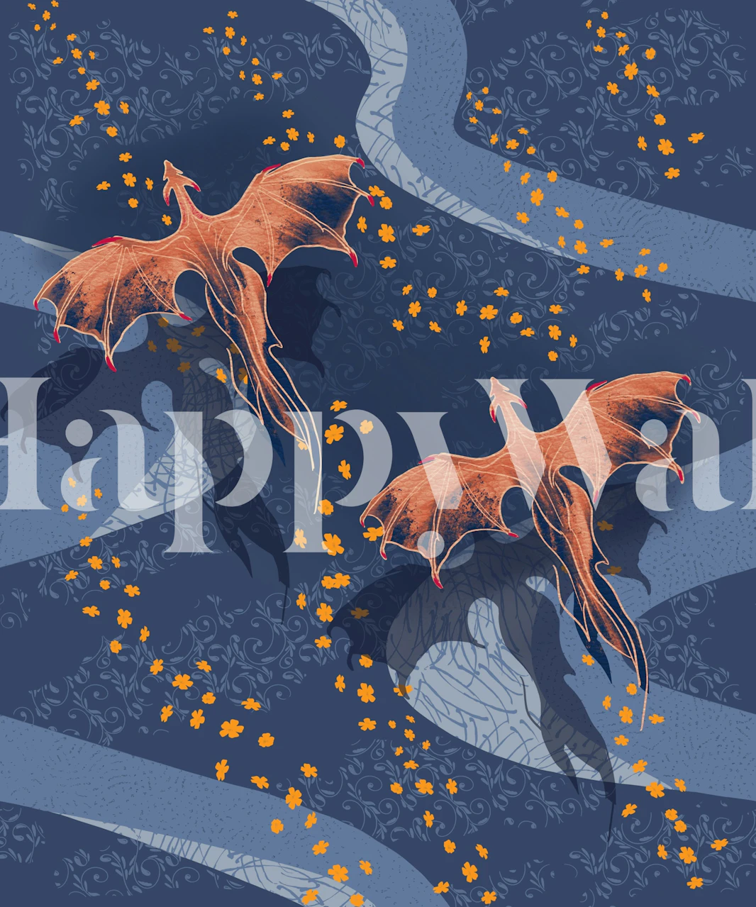 Mystical flying dragons wallpaper weergegeven in een kamer
