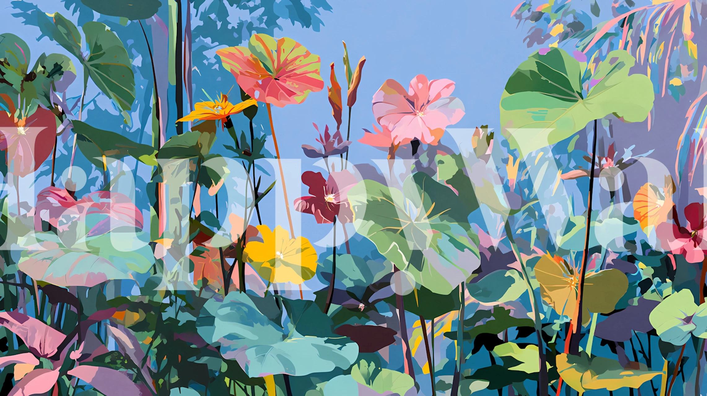 Colorful floral garden wallpaper with pink, yellow, and green flowers against a blue background.