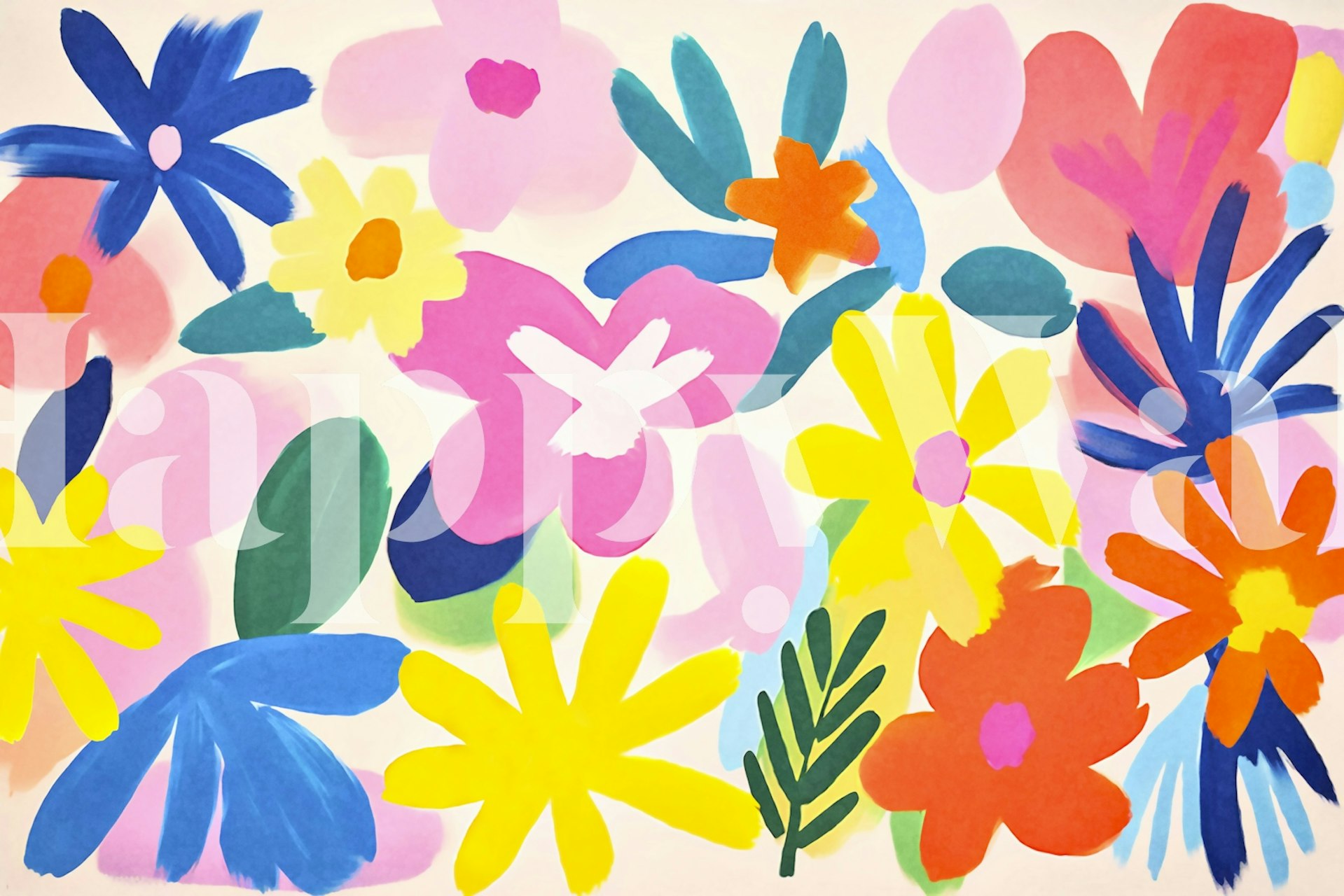 Colorful floral shapes in pink, yellow, blue, and green wallpaper