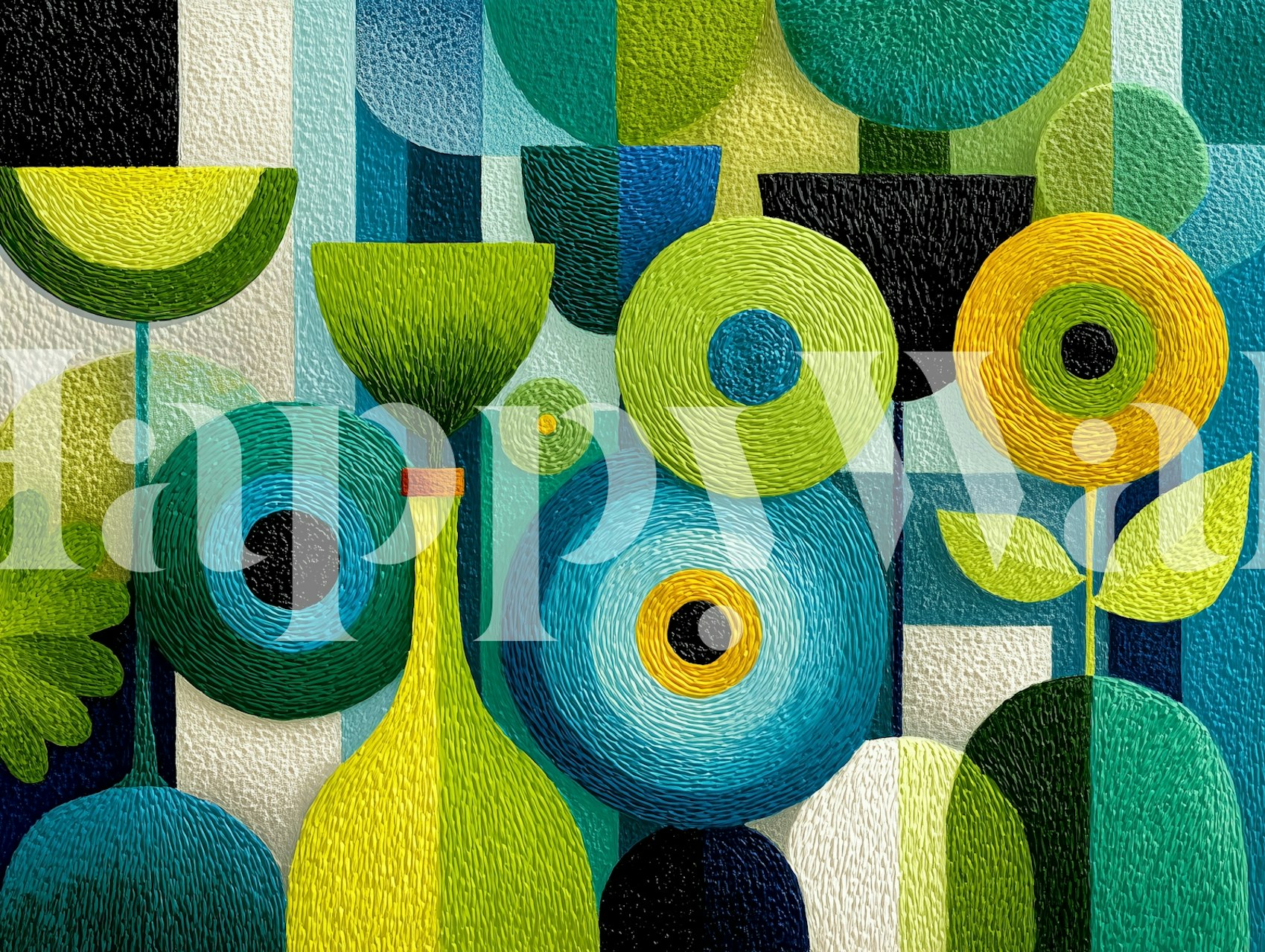 Colorful abstract floral design with blue and green shapes wallpaper