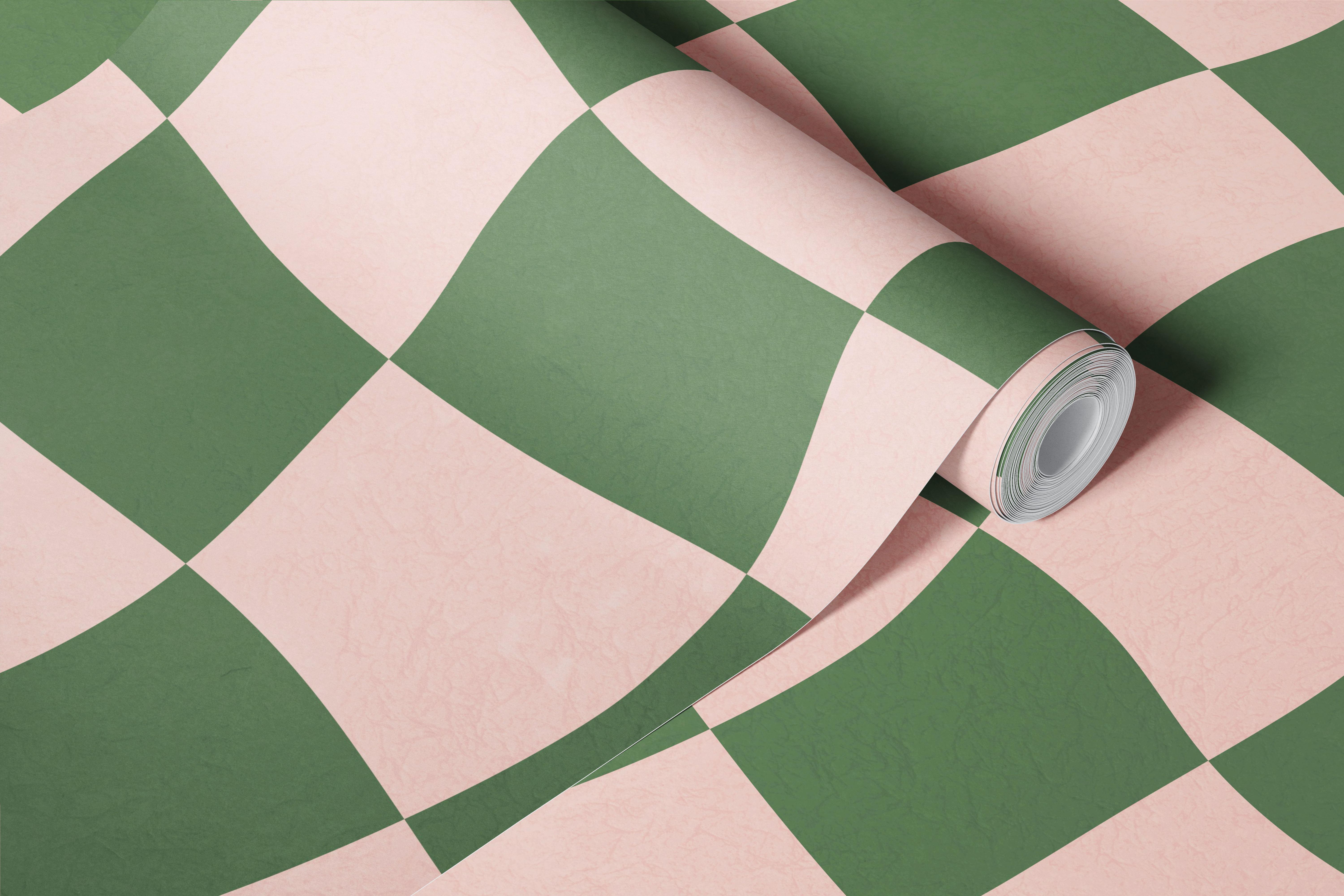 Green and pink wavy checkers wallpaper in a room