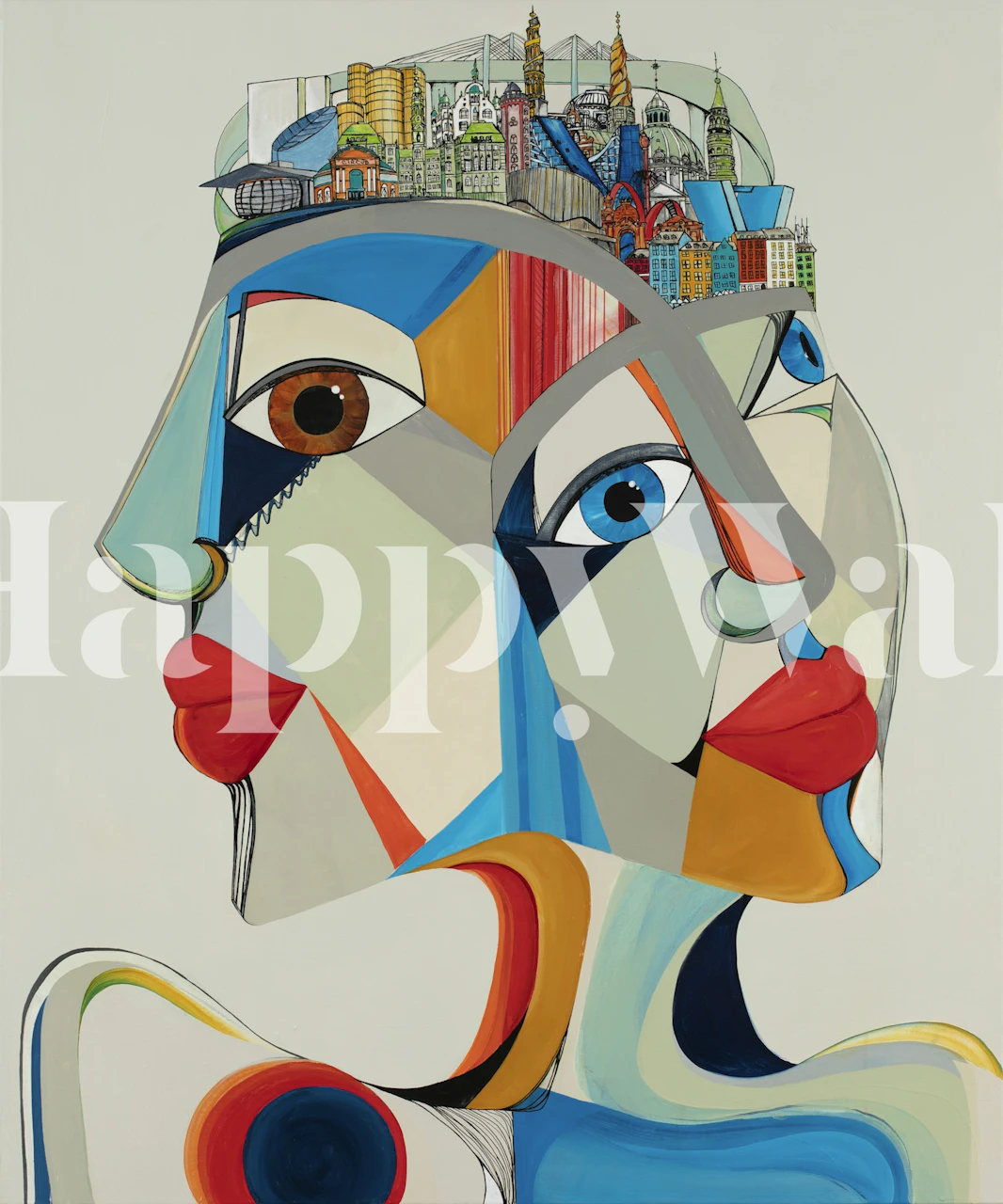 Geometric and colorful face design with blue, red, and yellow shades wallpaper