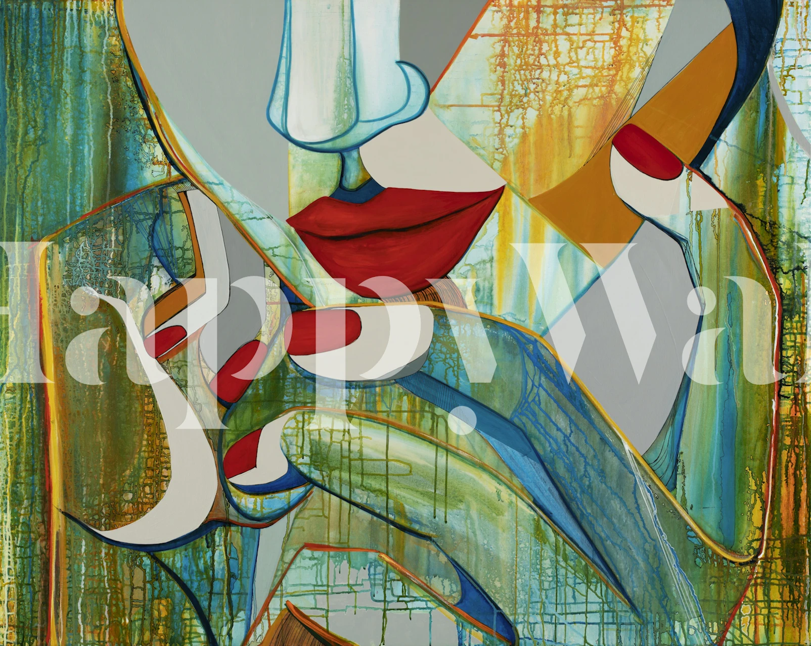 Colorful abstract wall mural with bold shapes in red, blue, and green wallpaper