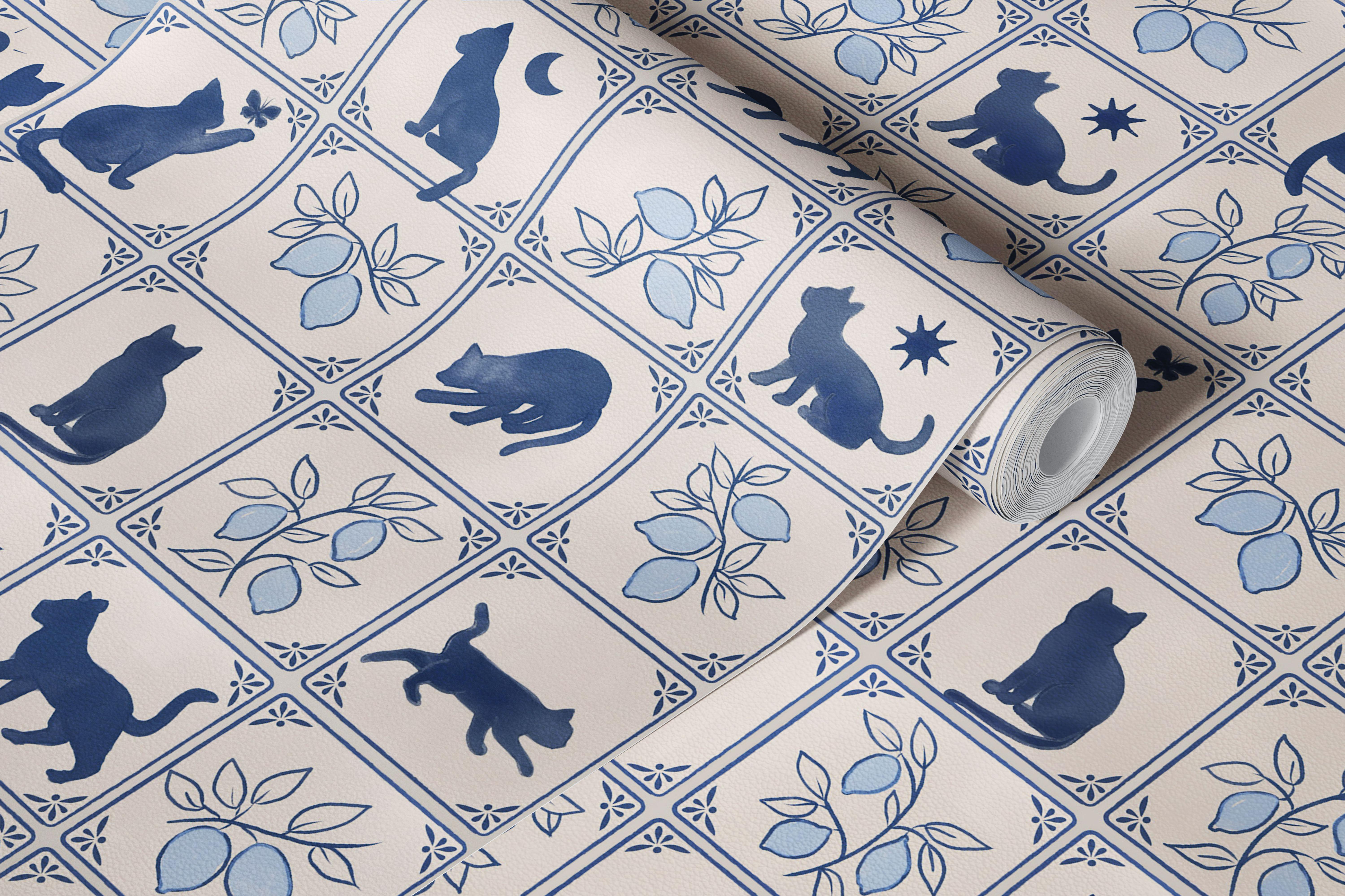 Blue Delft Mood Lemon Cats Tiles wallpaper design