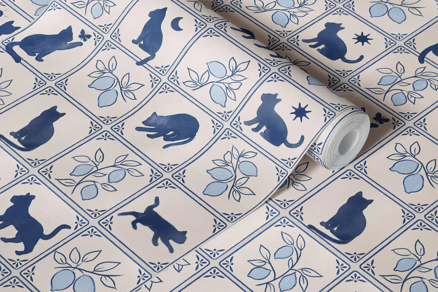 Blue Delft Mood Lemon Cats Tiles wallpaper roll