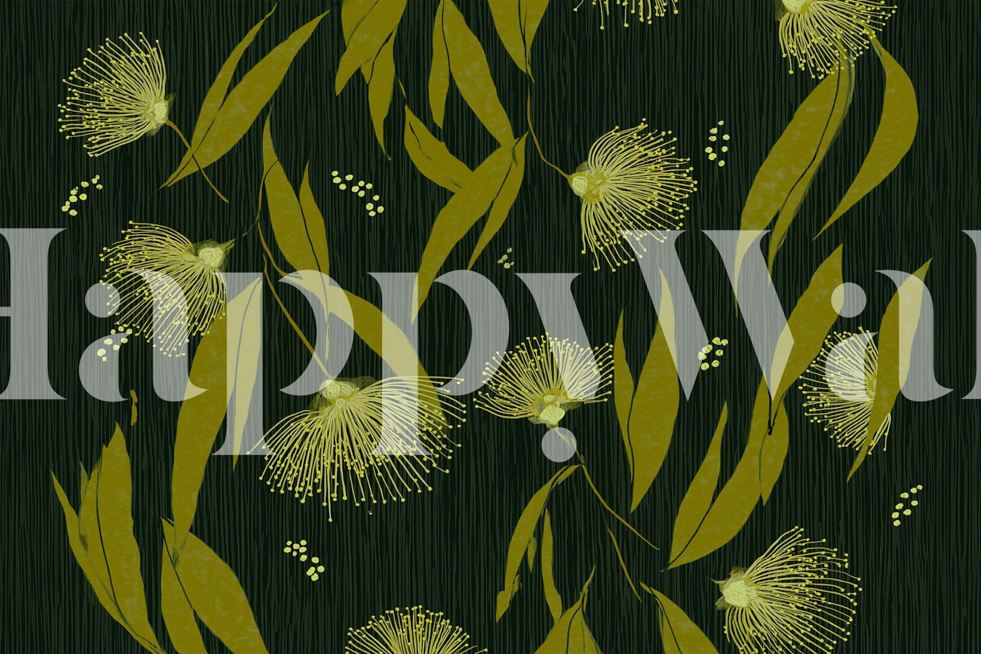 Eucalyptus floral design with green leaves and yellow flowers wallpaper