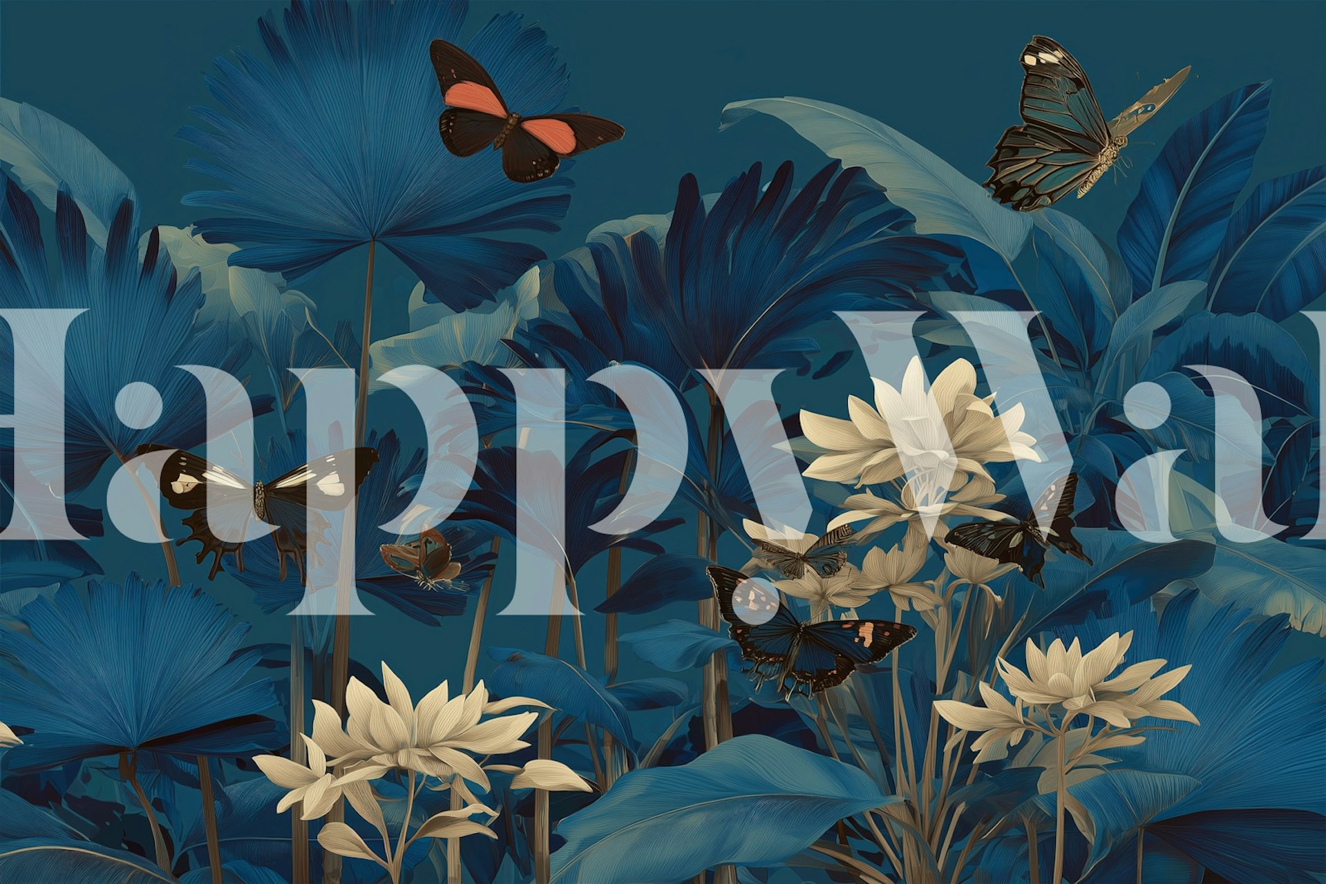 Tropical floral wallpaper with blue leaves and butterflies
