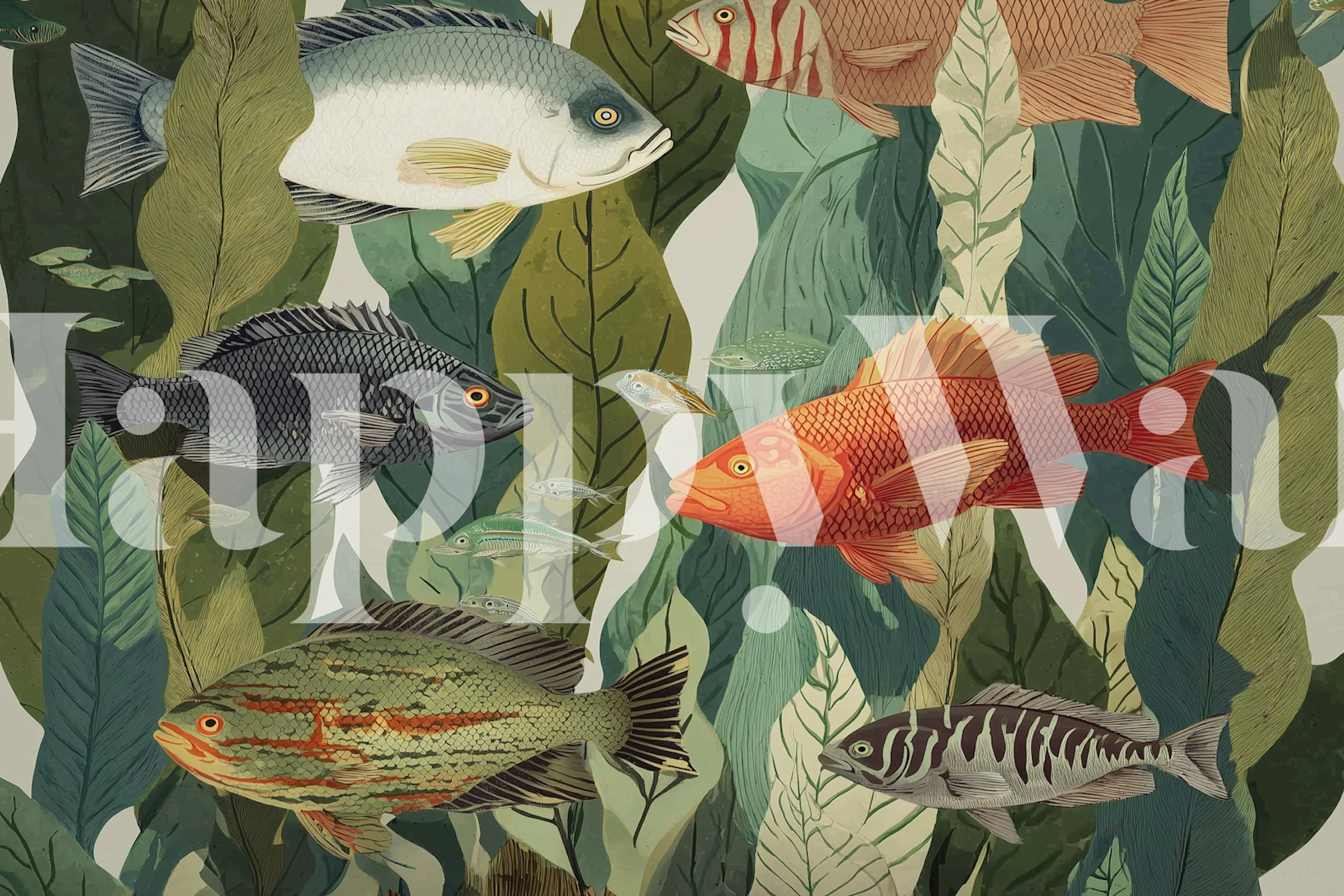 Colorful fish swimming among green seaweed in vibrant underwater wallpaper