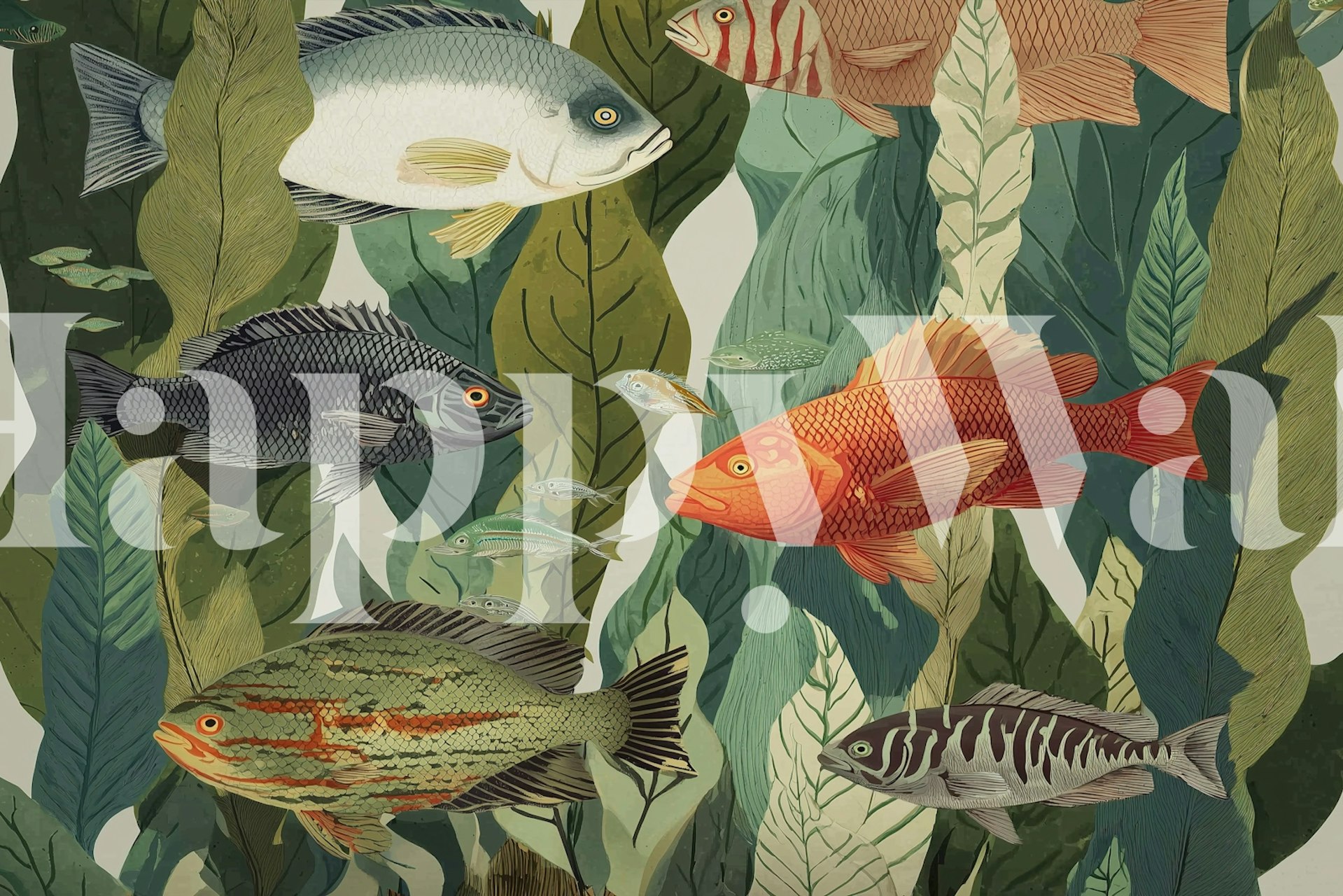 Colorful fish swimming among green seaweed in vibrant underwater wallpaper