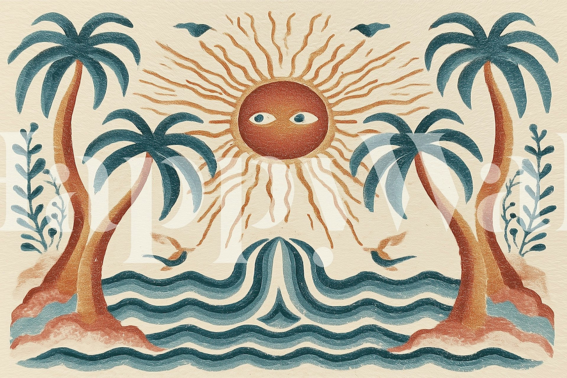 Sun with eyes, ocean waves, palm trees, earthy colors, tropical wallpaper